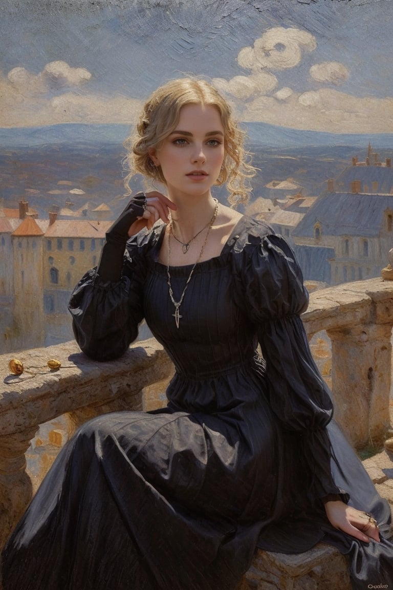 (((Highest quality))),masterpiece, poirtrait of Beautiful magician in (( medieval dark dress)), upper body, character portrait, finger rings, necklace around her neck, gothic art, gothic, styled by Donato Giancola, Charlie Bewater , High detailed 