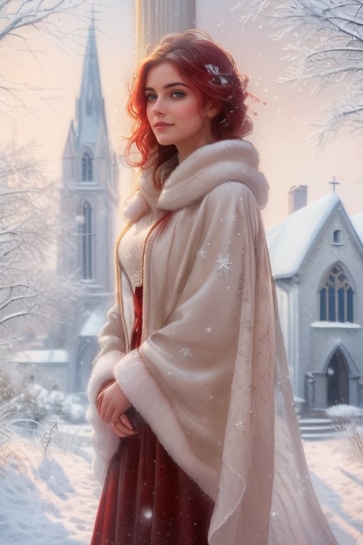 book cover, a beautiful woman, a serene winter scene, a girl gracefully standing in front of a charming snow-covered church, her elegant silhouette outlined against the soft glow  coming from within, snowflakes gently falling around her, decorating her hair and (red cloak):1,5 covered with a thin layer of frost, creating a sense of unearthly beauty and tranquility