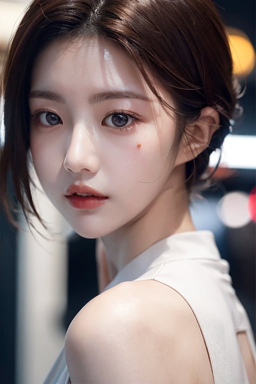 Korean woman with short hair and thick lips around 30 years old, dark night street background, natural lighting on woman's face,  Add a mole to your face, ,m4d4m,arshadArt,iu