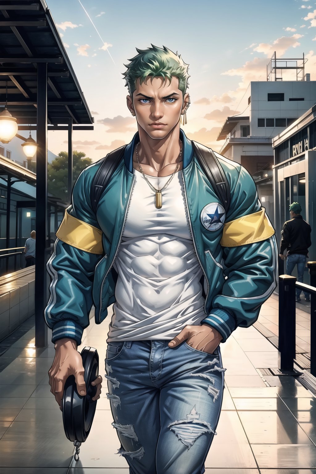 Train station , man 25 year old, tangaline light sleek double color short hair style, wearing , splash drop color, Barranquilla,muscular_body , long_sleeves, arms_crossed, necklace, light blue bomber jacket zipped , white_shirt, baggy fit blue_jeans ,converse, muscular, roronoa zoro, green_hair,evening, ear_rings, ring, rooftop, muscular_body, headphones on, back_pack, walking, night, muscular_body, touching bulge