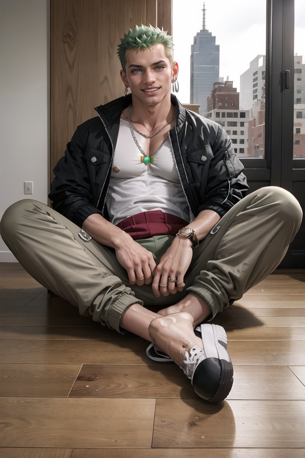 Wooden floor with windows room, NYC background ,man, 30 year old, tangaline light sleek double color short hair style, wearing , splash drop color, Barranquilla,muscular, wearing silver chain necklace,  ear_rings, ring, muscular_body,  midnight, :), roronoa zoro, jacket ((black comfy jacket)),  shirt ((white, large, unbottoned shirt)), pants ((Red cargo pants)), converse shooes, green_hair, full_body, pov_eye_contact, :), blushing, sweating, full_body, barefoot, sitting_on_armchair, getting photographed, camera recording,Male focus, smiling,