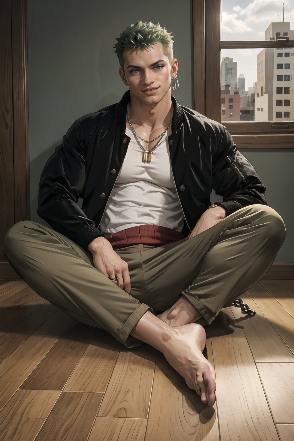 Wooden floor with windows room, NYC background ,man, 30 year old, tangaline light sleek double color short hair style, wearing , splash drop color, Barranquilla,muscular, wearing silver chain necklace,  ear_rings, ring, muscular_body,  midnight, :), roronoa zoro, jacket ((Red comfy jacket)),  shirt ((white, large, unbottoned shirt)), pants ((black elegant pants)), green_hair, full_body, pov_eye_contact, :), blushing, sweating, full_body, barefoot, sitting_on_chair, getting photographed, camera recording,Male focus, smiling, barefoot