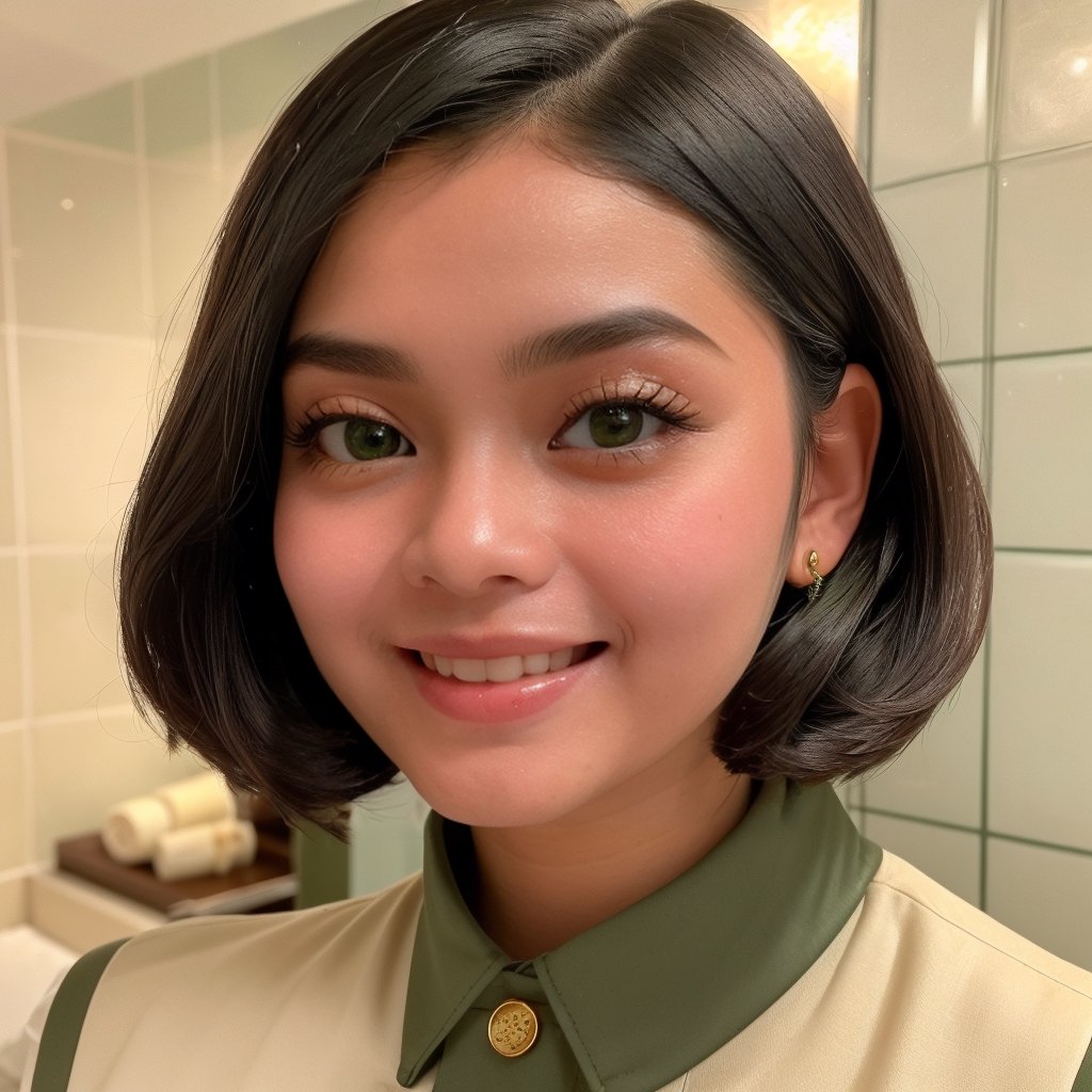 analog film photo solo, realistic, ((indonesian woman)), (((1990s style long mullet haircut,))), (((happy expression.))), (((wearing olive green cotton sheath button-front pinafore sundress layered over a beige turtleneck shirt, combat boots, dark lipstick))), ((powder room, this tiny bathroom features bold wallpaper with geometric patterns and a gold-framed mirror)), ((dynamic pose)),  high detailed, 8k, clear facial features, bokeh, annyaerica. faded film, desaturated, 35mm photo, grainy, vignette, vintage, Kodachrome, Lomography, stained, highly detailed, found footage,annyaerica,realism,zstyle