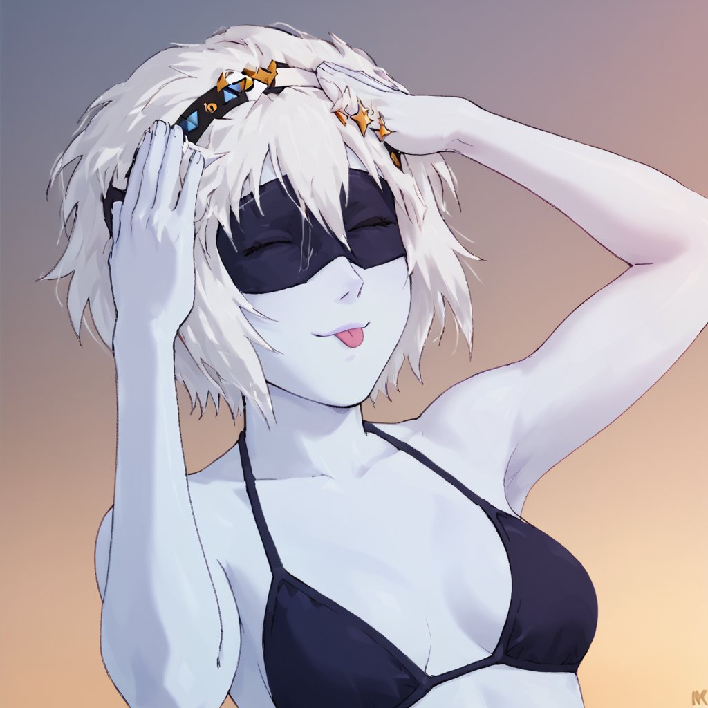 marasov, 1girl, solo, bikini, whitw hair, short hair, hairband, blindfold, cowboy shot, blue skin, miart_style,closed eyes, tongue out, hands on own head, smile, upper body