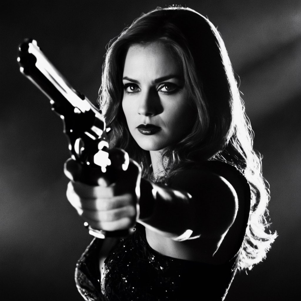 UHD, 4k, ultra detailed, cinematic, a photograph of   casting shadow styleA cucoloris patterned illumination casting a tree branch shadow In Sin City universe a serious angry woman holding a gun in her hand sin city style,1girl,solo,long hair,looking at viewer,holding,monochrome,weapon,greyscale,holding weapon,lips,gun,portrait,holding gun,handgun,realistic,Frank Miller's Sin City,dark theme,cinematic film,comic book series,graphic novel,Neo-noir,high contrasts,sin city style,closeup , film noir, low key light, dim light, low light, dramatic light, film grain, epic, beautiful lighting, inpsiring