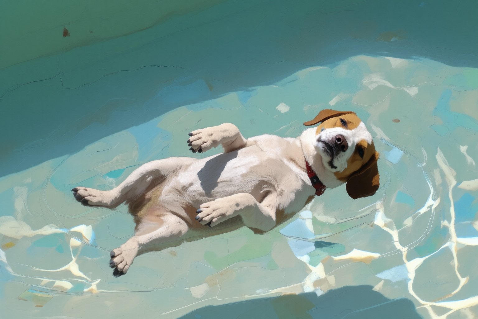 A serene scene of a dog peacefully floating on its back in a clear turquoise pool. The dog is fully relaxed, belly up, with its paws gently resting above the water's surface. The water is crystal clear, allowing the sunlight to create shimmering patterns on the dog's fur and on the pool floor. The colors of the scene are soft and calming, with hues of light white and turquoise blending smoothly in the background. The dog looks content, basking in the moment, as if drifting without a care in the world.