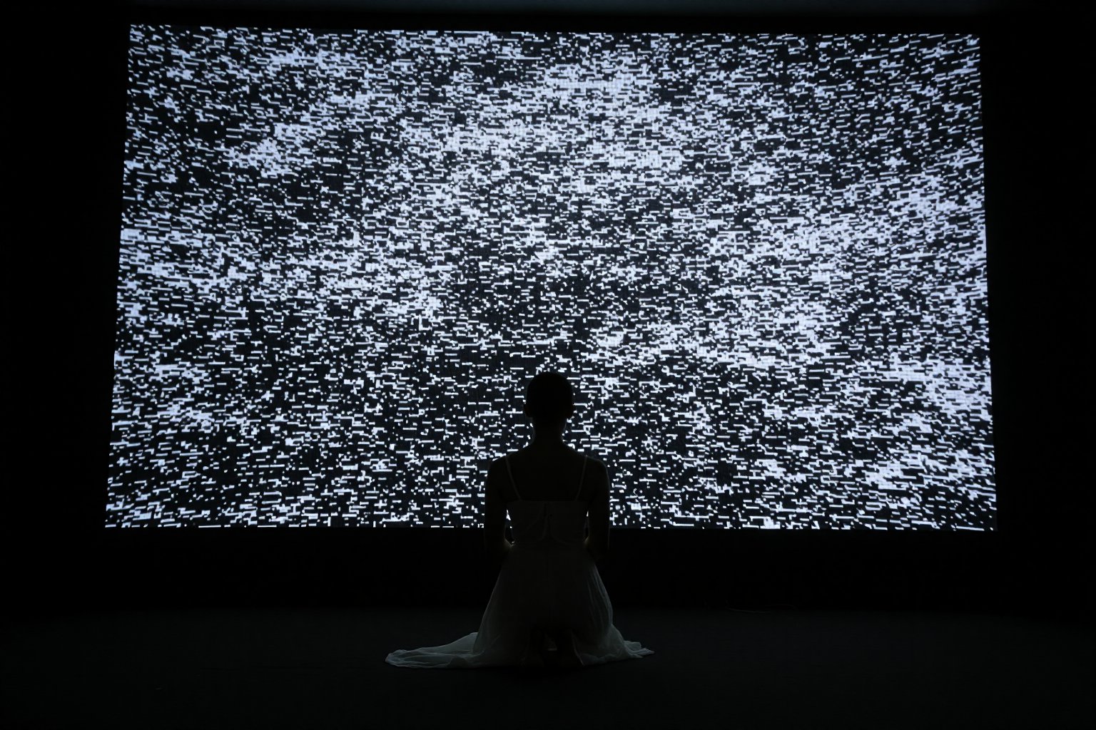 A woman kneels in deep prayer, her hands gently clasped, facing a colossal television screen that towers above her. The TV's screen flickers with chaotic static, a wash of black and white noise that pulses in waves, casting a cold, shifting light over the scene. The woman is bathed in this erratic glow, her silhouette softly illuminated by the constantly shifting patterns of the static. Her figure is serene, dressed in simple, flowing garments that ripple slightly, reflecting the artificial light.

The room around her is stark and minimalist, with the gigantic TV as the focal point. The screen itself is a monolithic presence, slightly curved, and its glossy frame gleams faintly in the low ambient light. The static, constantly moving, seems alive, with random flashes and bands of light darting across the screen, filling the atmosphere with a sense of both unease and wonder.

The visual style blends realism with an unsettling, surreal tone, evoking themes of dystopian futurism. The lighting is harsh yet intimate, with sharp contrasts between the illuminated woman and the darkened surroundings. The static creates a grainy, almost tactile texture against the smooth surface of the TV, while the woman's posture exudes a sense of quiet devotion, creating a powerful juxtaposition between the spiritual and the technological. The overall composition is cinematic, like a still frame from a futuristic, introspective narrative, where technology looms as a vast, enigmatic presence.
