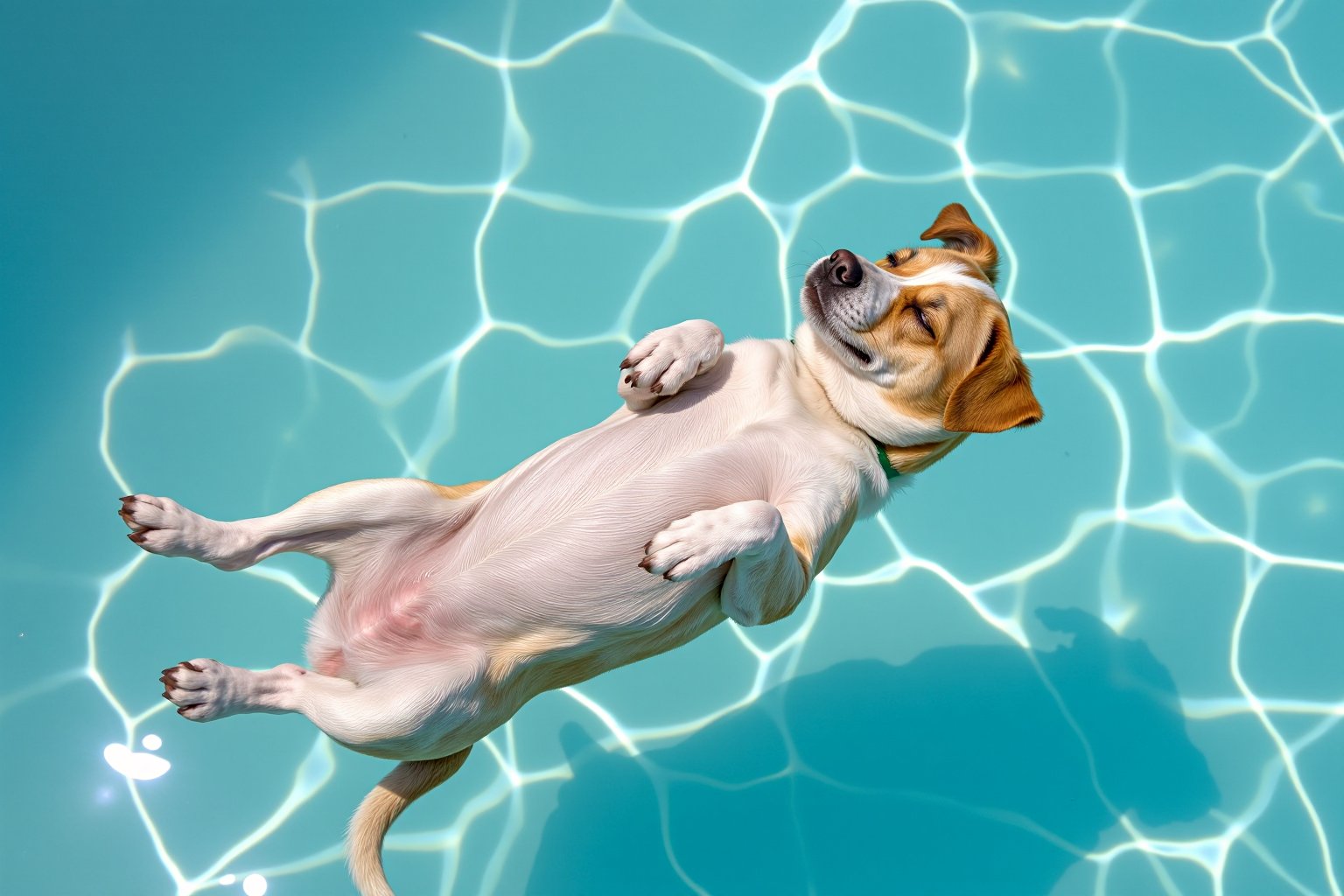 A serene scene of a dog peacefully floating on its back in a clear turquoise pool. The dog is fully relaxed, belly up, with its paws gently resting above the water's surface. The water is crystal clear, allowing the sunlight to create shimmering patterns on the dog's fur and on the pool floor. The colors of the scene are soft and calming, with hues of light white and turquoise blending smoothly in the background. The dog looks content, basking in the moment, as if drifting without a care in the world.