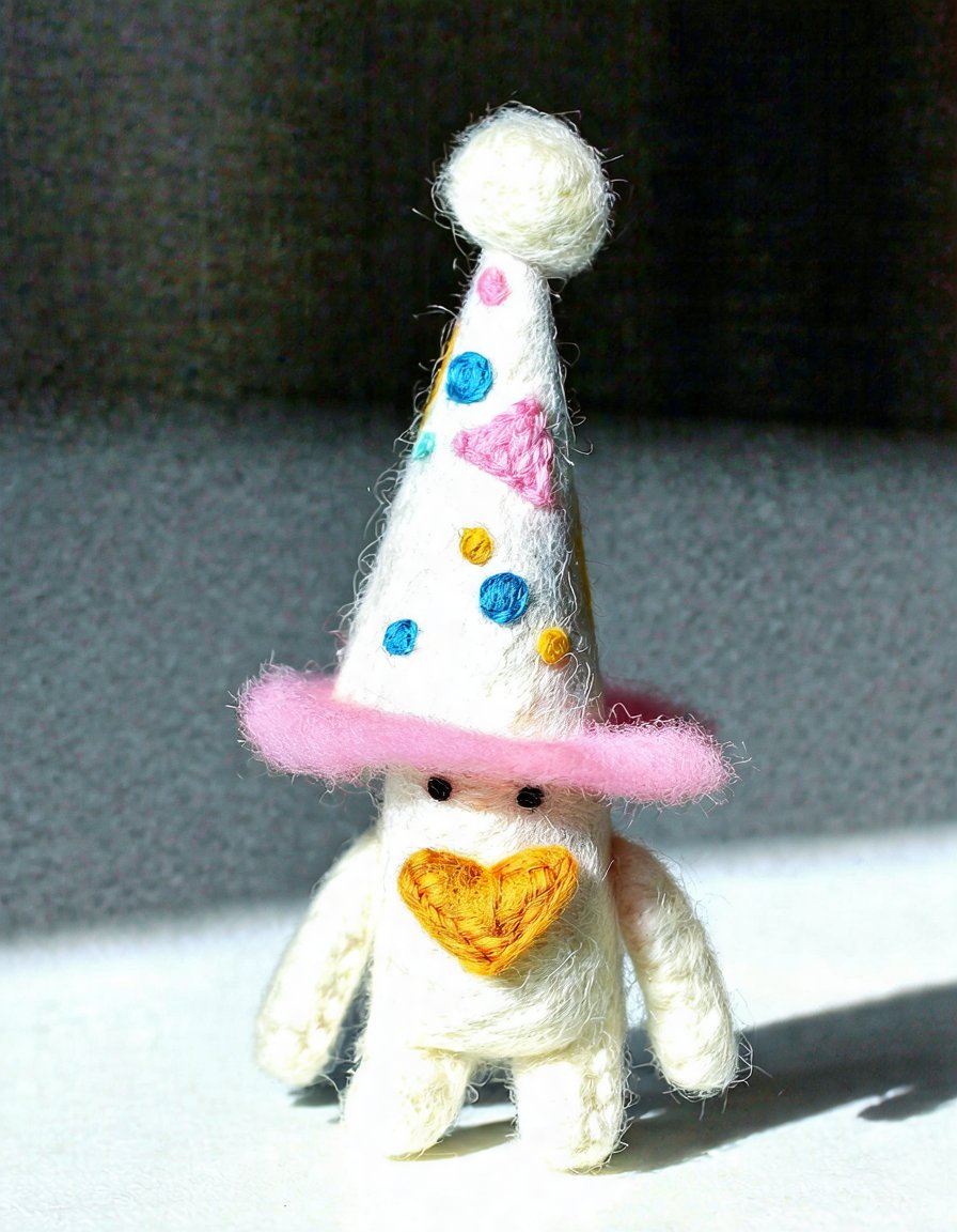 Birthday , a little felt toy wearing a party hat. super felt style cartoon,very strong felt style,very good felt creation,felt material,axis shift photography,mocro scene,minimalism