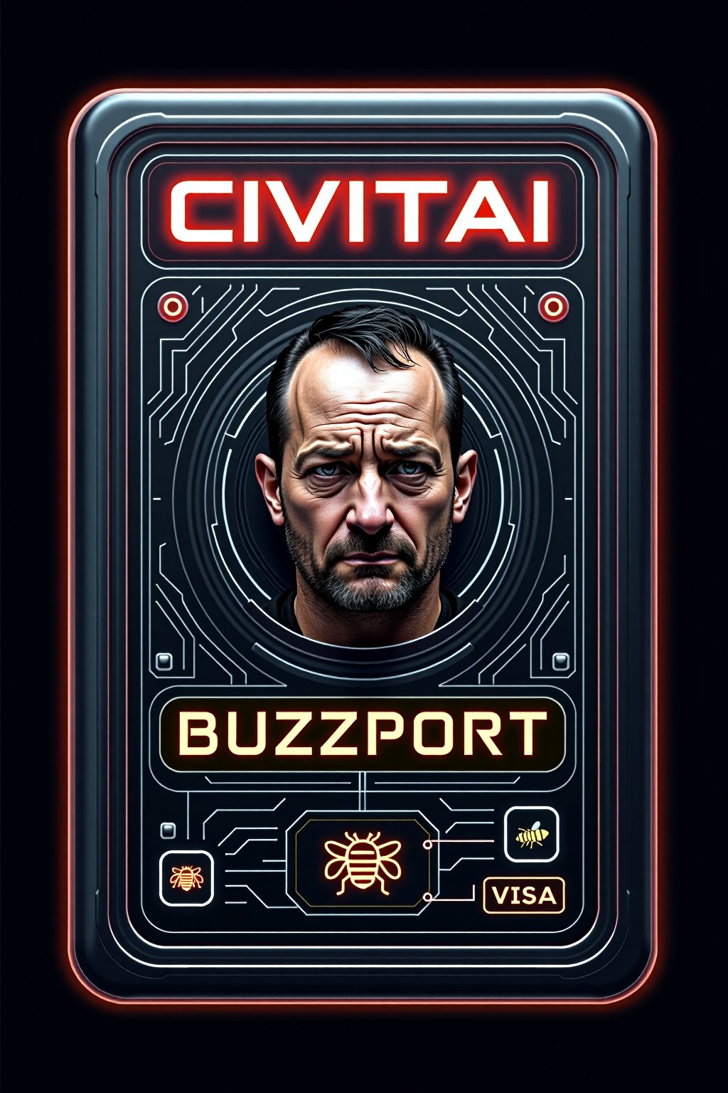 A futuristic parody passport design titled "CivitAI Buzzport" featuring sleek, metallic textures and holographic elements. In the center of the passport, there is a sad-looking man with droopy eyes, his face appearing pixelated or digitally distorted to give it a cyberpunk vibe. The passport label "CivitAI Buzzport" is written in bold, glowing letters with a digital font. The background has intricate circuit-like patterns, and there are futuristic icons representing travel stamps and visas, some with quirky symbols like a tiny bee or a buzz icon. The overall aesthetic combines elements of a high-tech future with a comical twist.