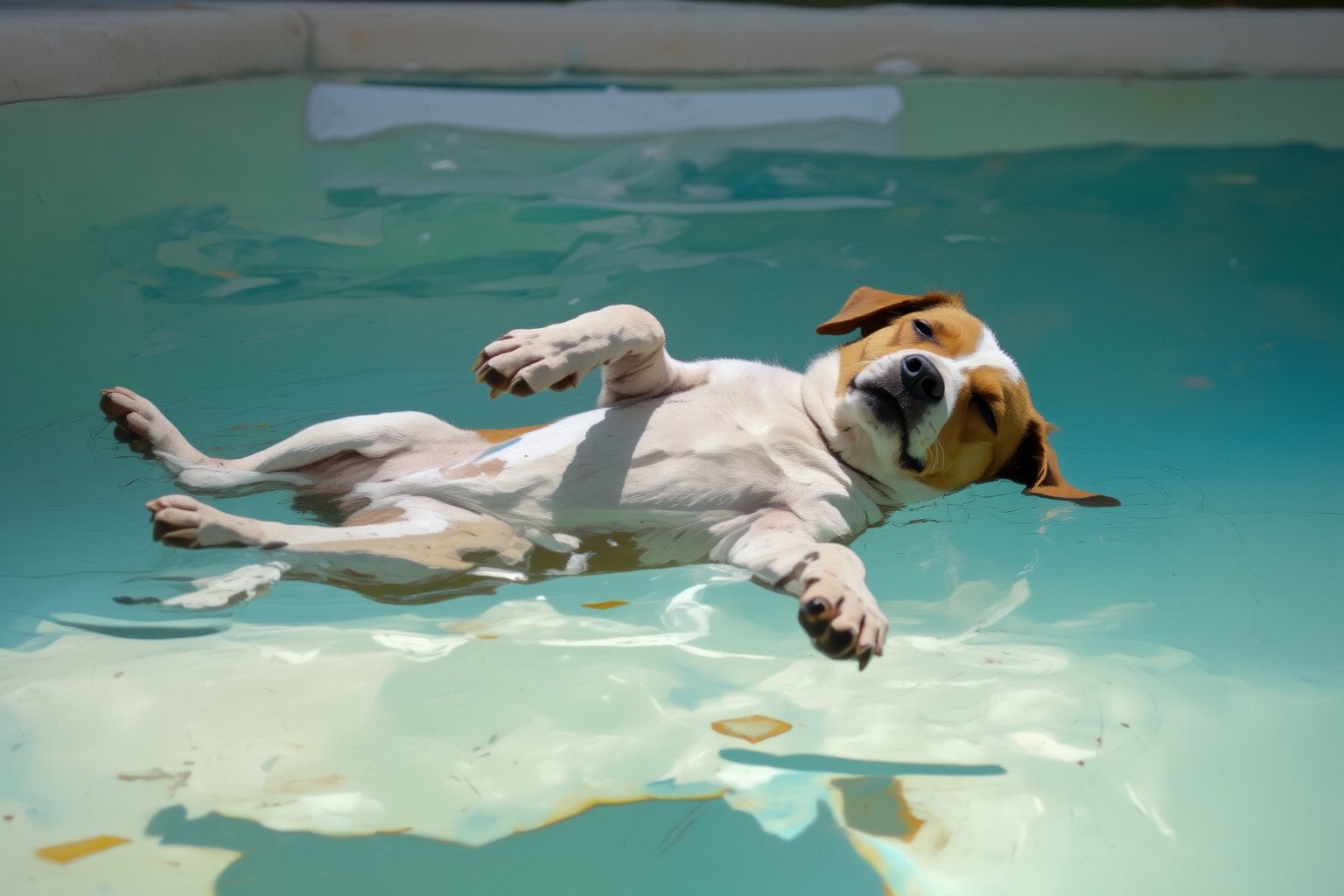 A serene scene of a dog peacefully floating on its back in a clear turquoise pool. The dog is half submerged in the water, belly up, with its paws gently resting above the water's surface.  The sunlight to creates a shimmering patterns on the dog's fur and on the pool. The colors of the scene are soft and calming, with hues of light white and turquoise blending smoothly in the background. 