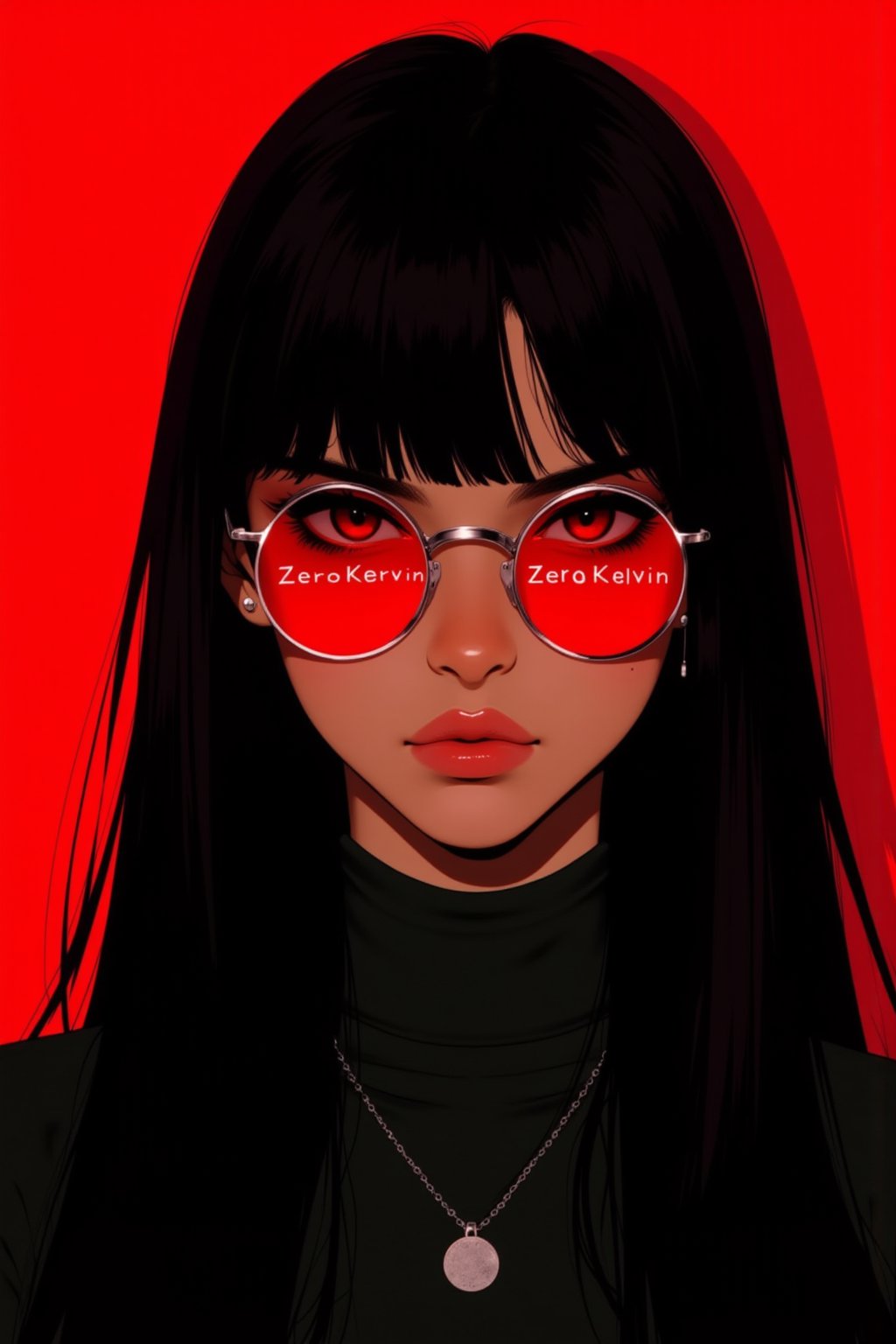 **Caption:**  
A captivating and intense portrait of a young woman exuding a sense of cool confidence and mystery, set against a bold red background. Her long, straight black hair cascades down, framing her face in a sharp contrast to the vivid backdrop. She wears a pair of striking red-tinted round sunglasses that reflect the light, partially obscuring her eyes and adding an air of enigma to her expression. Her lips are set in a subtle, serious line, and a small beauty mark beneath her eye adds character to her otherwise stoic demeanor. She wears a dark, high-necked top, and a thin, delicate silver necklace with a circular pendant, adding a touch of elegance to her otherwise edgy appearance. The stark lighting casts deep shadows across her features, with a red glow subtly illuminating the edges of her hair and face, creating a dramatic, almost noir-like effect.

**Art Style:**  
The artwork is rendered in a bold, graphic novel-inspired style, characterized by sharp lines, high contrast, and a limited color palette dominated by reds, blacks, and dark greens. The strong use of chiaroscuro enhances the sense of depth and drama, while the red hues evoke a sense of danger, passion, or rebellion. The clean, minimalistic approach to detail focuses attention on the woman’s intense expression and the reflective lenses of her sunglasses. The text "Zero Kelvin" could be integrated as a subtle reflection in the red lenses, written in a sleek, modern typeface that complements the overall edgy, contemporary vibe of the illustration.
