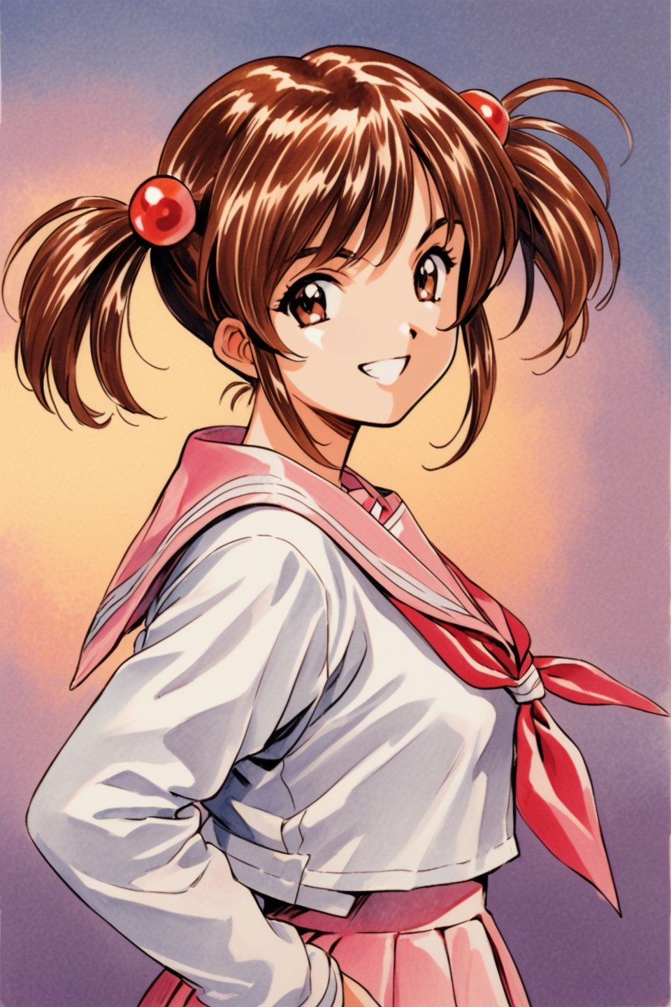 Coquelicot, 1girl, solo, smile, twintails, brown eyes, brown hair, short twintails, white shirt, long sleeves, pink pants, sailor collar, traditional media, school uniform, looking at viewer, hair bobbles, hair ornament, grin, shirt, upper body, serafuku, from side, shiny, simple background, bangs, short hair, skirt, shiny hair, retro artstyle, neckerchief, pink skirt, gradient background, gradient, pink sailor collar