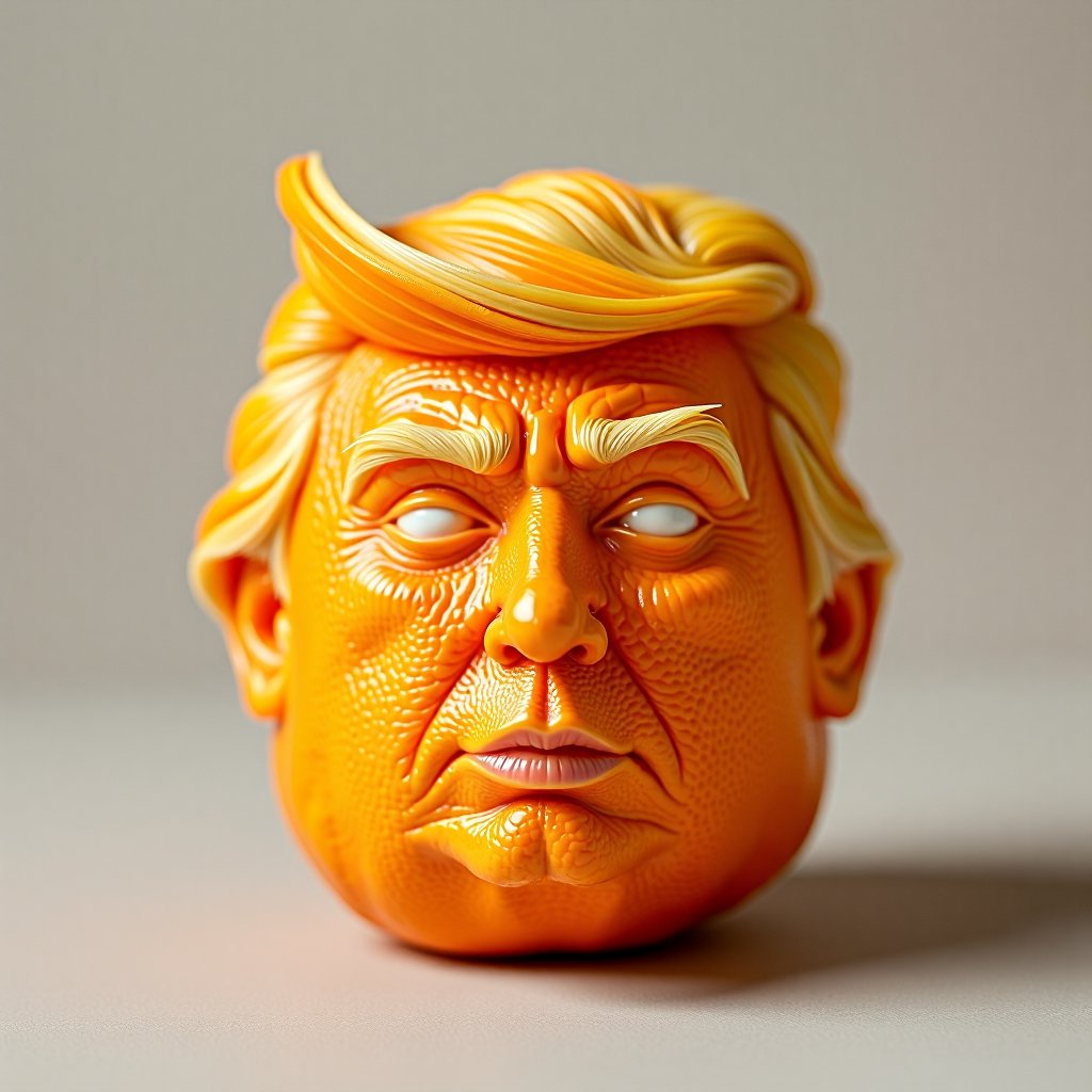 An orange with a familiar, swooping hairstyle formed from its peel, giving it a striking resemblance to Donald Trump. The background is neutral, drawing attention to the humorous, fruit-based caricature.
