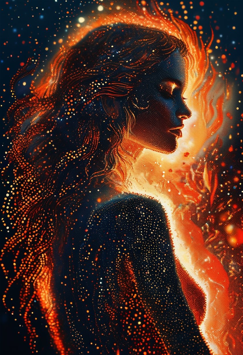 sparkles, a beautiful woman on fire, pointillist style, breathtaking shimmers, intricate detailed