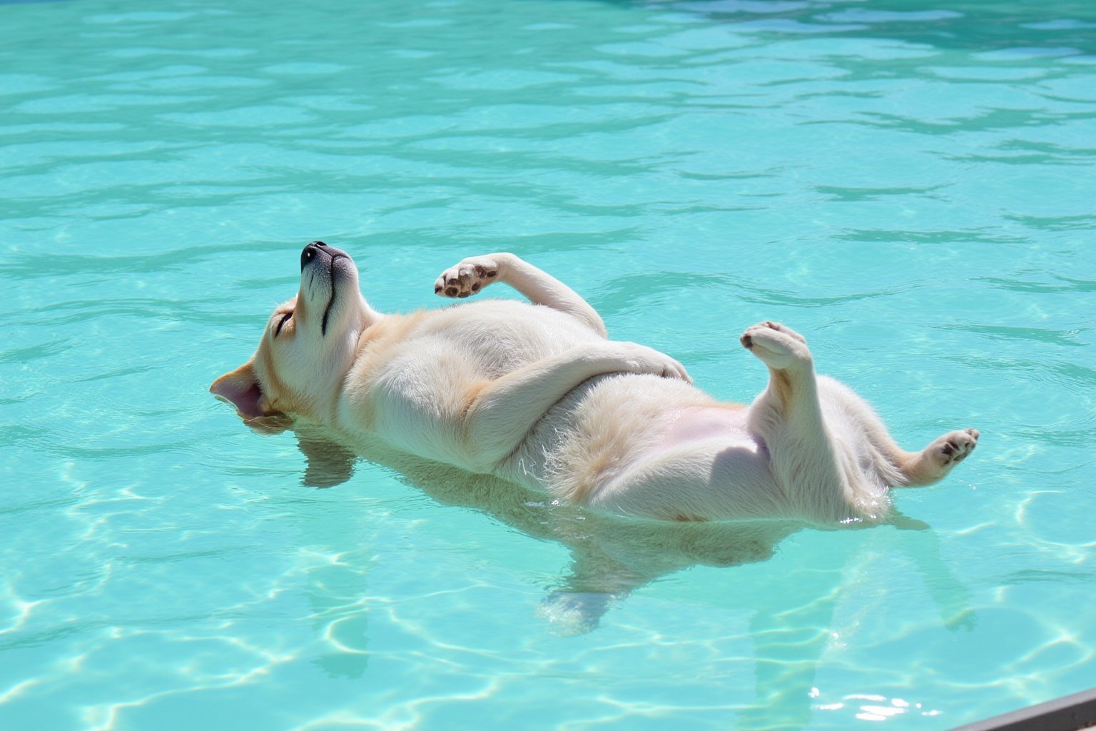 Photography. A serene scene of a dog peacefully floating on its back in a clear turquoise pool. The dog is half submerged in the water, belly up, with its paws gently resting above the water's surface.  The sunlight to creates a shimmering patterns on the dog's fur and on the pool. The colors of the scene are soft and calming, with hues of light white and turquoise blending smoothly in the background.