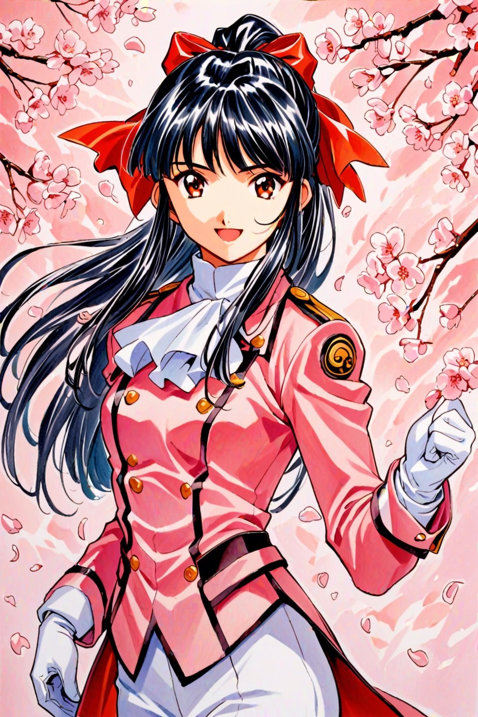 Shinguji Sakura, 1girl, solo, cowboy shot, smile, open mouth, looking at viewer, black hair, high ponytail, hair ribbon, red ribbon, red bow, ponytail, white pants, uniform, military uniform, pink jacket, white gloves, white ascot, cherry blossoms, traditional media, gloves, long hair, bow, hair bow, pants, brown eyes, ascot, ribbon, petals