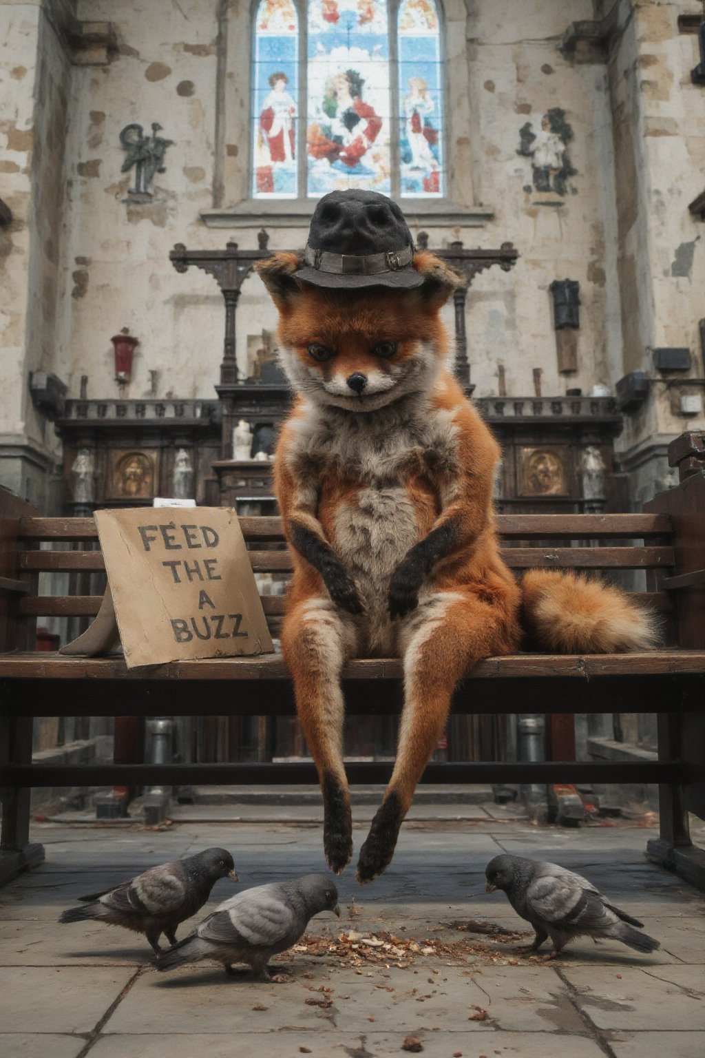 A staring fox sitting head down on a bench feeding pigeons. Background is a church. the fox is wearing an old woman's hat.  A cardboard sign beside him that say "Feed the BUZZ (Tuppence a Buzz)". Pigeons are eating on the floor. 