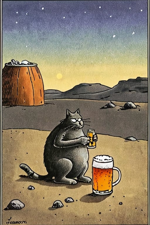 a color far side comic strip illustration of a cat enjoying a beer on the lunar surface. surrounded by rocky terrain, desolate and otherworldly landscape. art by Gary Larson 