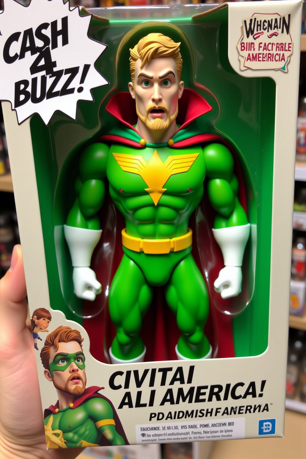 Photograph of a toy packaging featuring a character named "civitAI America". The figure is depicted in a bright green superhero costume with a yellow buzz lightning on its chest, white gloves, and a matching green cape with red trim. The figure has blonde hair, a beard, has a stylized, exaggerated facial expression with large eyes, and a surprised look. The packaging box is predominantly green with a white border and features a humorous design. Extra text: "Cash 4 Buzz!"