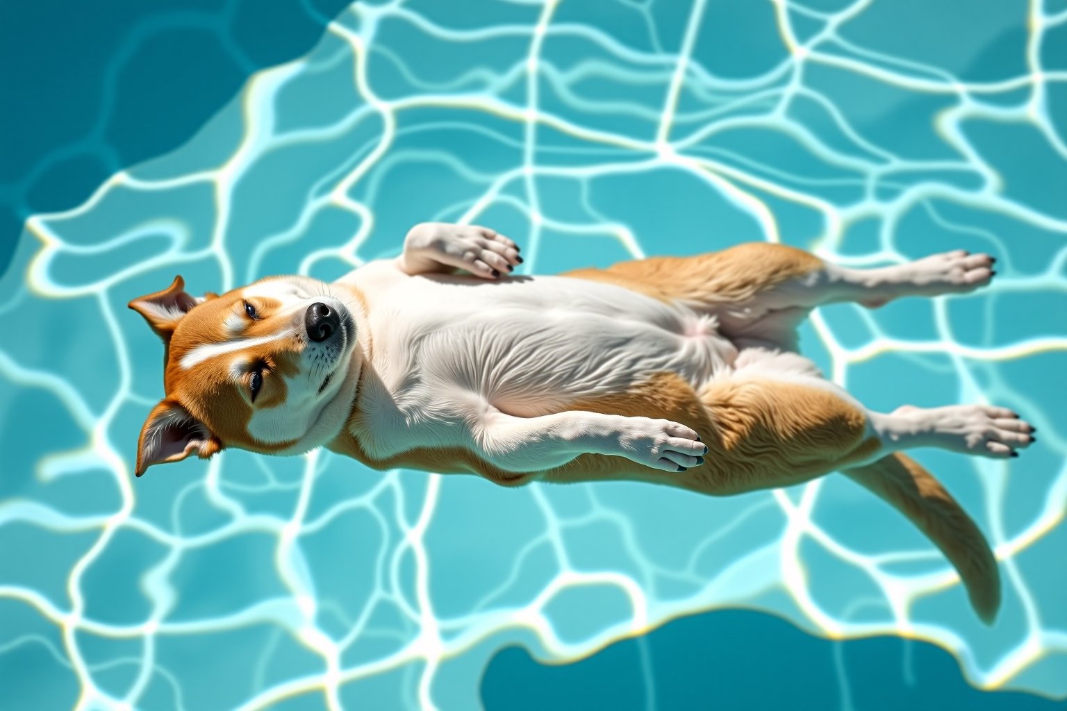 A serene scene of a dog peacefully floating on its back in a clear turquoise pool. The dog is fully relaxed, belly up, with its paws gently resting above the water's surface. The water is crystal clear, allowing the sunlight to create shimmering patterns on the dog's fur and on the pool floor. The colors of the scene are soft and calming, with hues of light white and turquoise blending smoothly in the background. The dog looks content, basking in the moment, as if drifting without a care in the world.