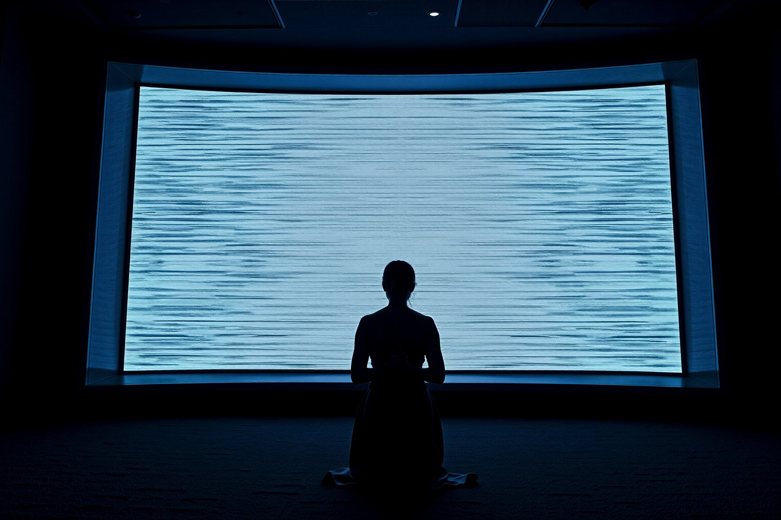 Photograph. A dramatic photograph of a woman kneeling in prayer before a massive, wall-sized TV screen displaying static noise. The woman is positioned in the center of the frame, her hands clasped in front of her, head bowed in deep reverence. She is wearing a simple, long flowing dress, with her hair loosely tied back. The room around her is dark and minimalistic, illuminated only by the flickering light from the static on the TV screen, casting sharp shadows. The scene has a somber, contemplative mood, emphasizing a sense of devotion amidst technology. Cinematic lighting, high contrast, wide-angle shot, surreal atmosphere, dystopian vibe.

The room around her is stark and minimalist, with the gigantic TV as the focal point. The screen itself is a monolithic presence, slightly curved, and its glossy frame gleams faintly in the low ambient light. The static, constantly moving, seems alive, with random flashes and bands of light darting across the screen, filling the atmosphere with a sense of both unease and wonder.

The visual style blends realism with an unsettling, surreal tone, evoking themes of dystopian futurism. The lighting is harsh yet intimate, with sharp contrasts between the illuminated woman and the darkened surroundings. The static creates a grainy, almost tactile texture against the smooth surface of the TV, while the woman's posture exudes a sense of quiet devotion, creating a powerful juxtaposition between the spiritual and the technological. The overall composition is cinematic, like a still frame from a futuristic, introspective narrative, where technology looms as a vast, enigmatic presence.,Photography