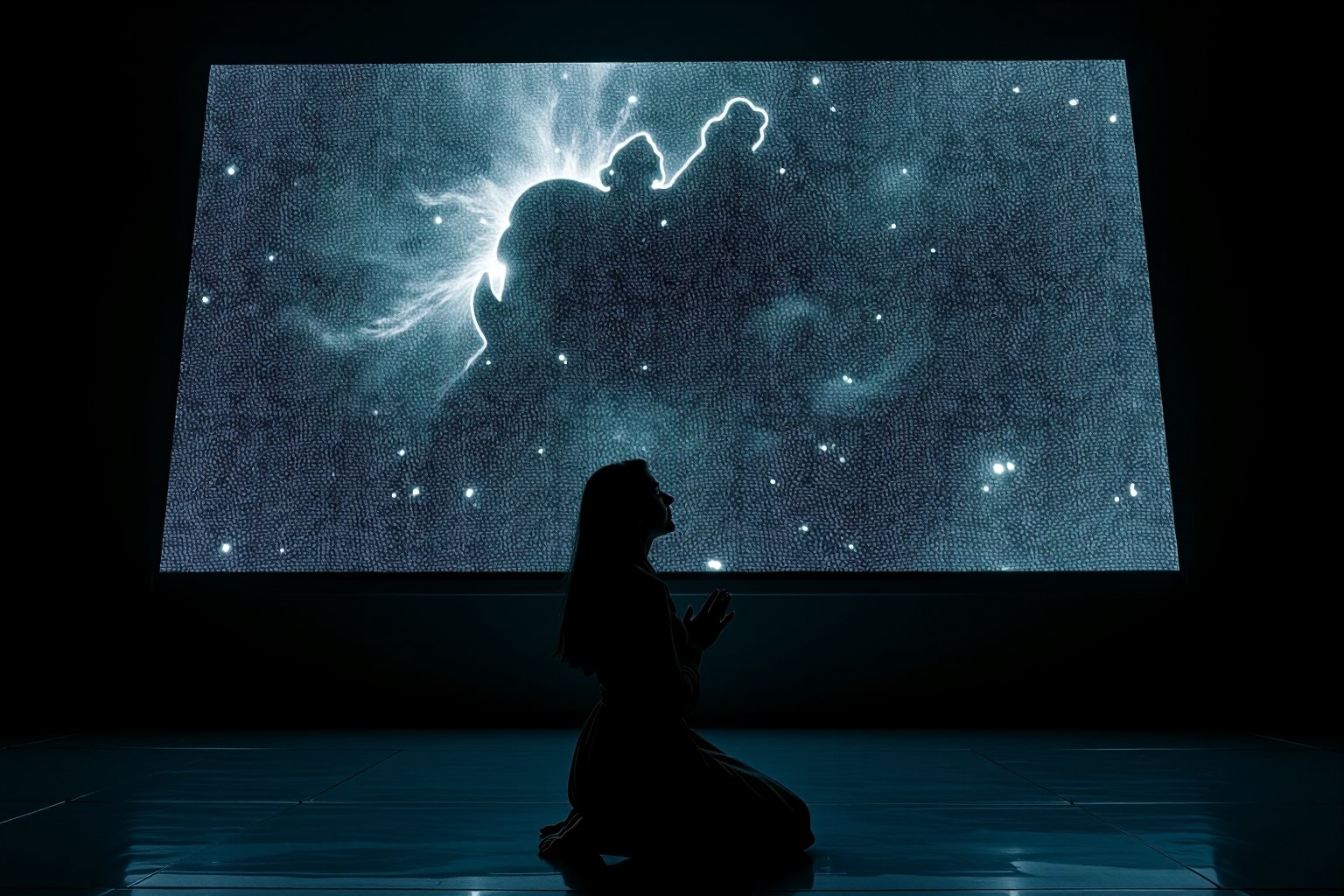 A woman kneels in deep prayer, her hands gently clasped, facing a colossal television screen that towers above her. The TV's screen flickers with chaotic static, a wash of black and white noise that pulses in waves, casting a cold, shifting light over the scene. The woman is bathed in this erratic glow, her silhouette softly illuminated by the constantly shifting patterns of the static. Her figure is serene, dressed in simple, flowing garments that ripple slightly, reflecting the artificial light.

The room around her is stark and minimalist, with the gigantic TV as the focal point. The screen itself is a monolithic presence, slightly curved, and its glossy frame gleams faintly in the low ambient light. The static, constantly moving, seems alive, with random flashes and bands of light darting across the screen, filling the atmosphere with a sense of both unease and wonder.

The visual style blends realism with an unsettling, surreal tone, evoking themes of dystopian futurism. The lighting is harsh yet intimate, with sharp contrasts between the illuminated woman and the darkened surroundings. The static creates a grainy, almost tactile texture against the smooth surface of the TV, while the woman's posture exudes a sense of quiet devotion, creating a powerful juxtaposition between the spiritual and the technological. The overall composition is cinematic, like a still frame from a futuristic, introspective narrative, where technology looms as a vast, enigmatic presence.
