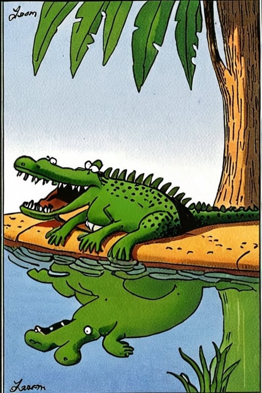 a color far side comic strip illustration of  a alligator, by Gary Larson, 