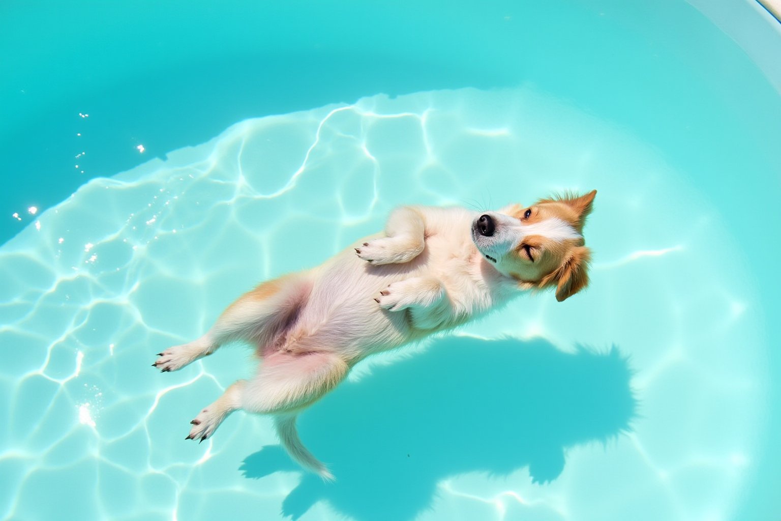 Photography. A serene scene of a dog peacefully floating on its back in a clear turquoise pool. The dog is half submerged in the water, belly up, with its paws gently resting above the water's surface.  The sunlight to creates a shimmering patterns on the dog's fur and on the pool. The colors of the scene are soft and calming, with hues of light white and turquoise blending smoothly in the background.