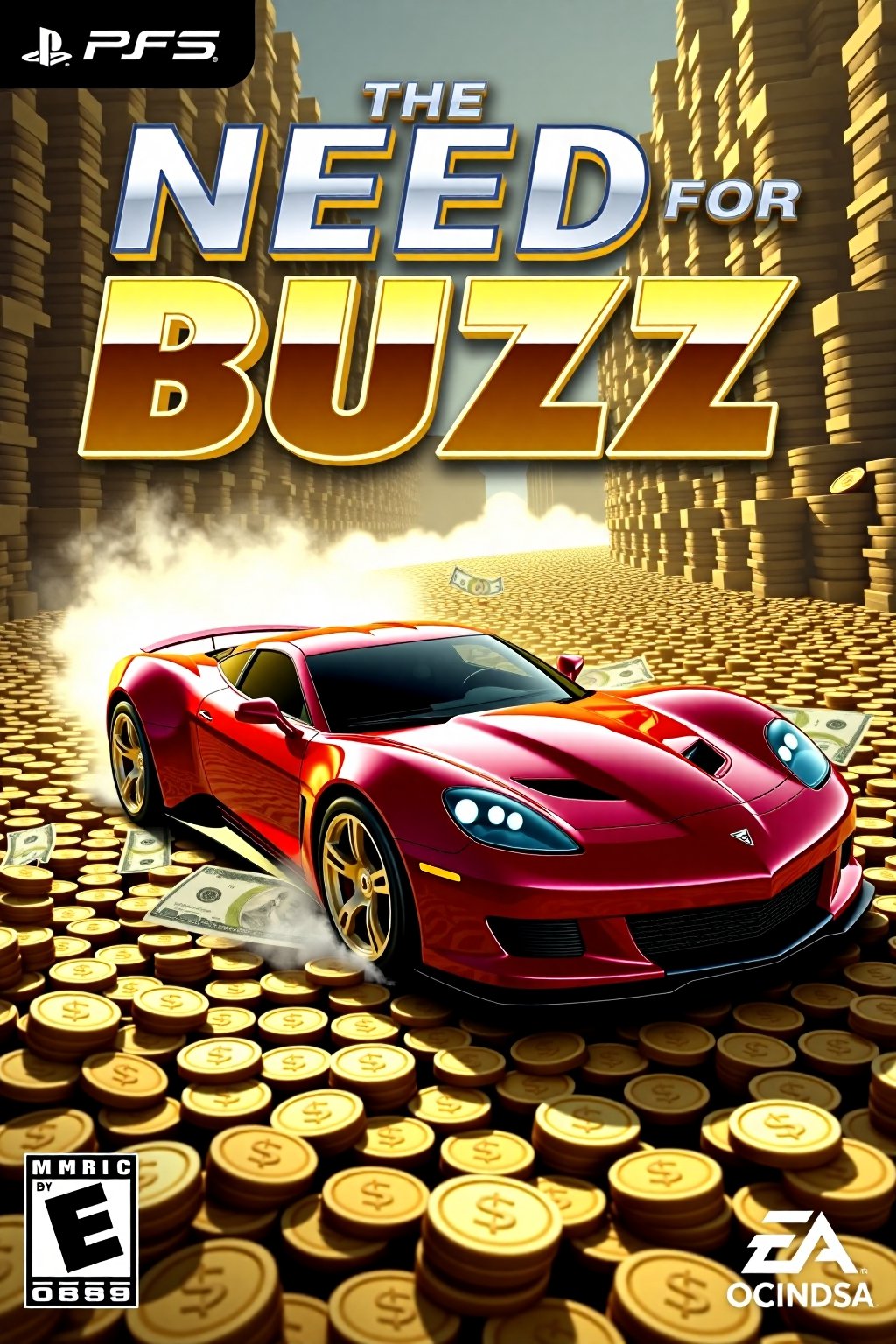 The game cover for "The Need for Buzz" by Electronic Arts features an exhilarating scene of high-speed racing, with sleek, futuristic cars speeding through towering piles of cash. In the foreground, a glossy, red sports car drifts sideways, its tires kicking up a cloud of loose dollar bills as it skids around a corner. The background reveals a sprawling landscape of gold coins, stacks of green banknotes, and shimmering financial symbols. The cars’ metallic sheen reflects the surrounding wealth, with exaggerated reflections of coins bouncing off their surfaces. The title, "The Need for Buzz", is emblazoned across the top in bold, metallic font, mimicking the shine of freshly minted coins. Behind the letters, the iconic Electronic Arts logo sits within a subtle dollar sign motif. The lighting is dynamic, with golden glows highlighting the cars and cash, giving the whole scene an air of opulence and excess. The exaggerated, over-the-top style evokes a sense of parody, blending the intensity of high-stakes racing with the absurdity of wealth-chasing.
