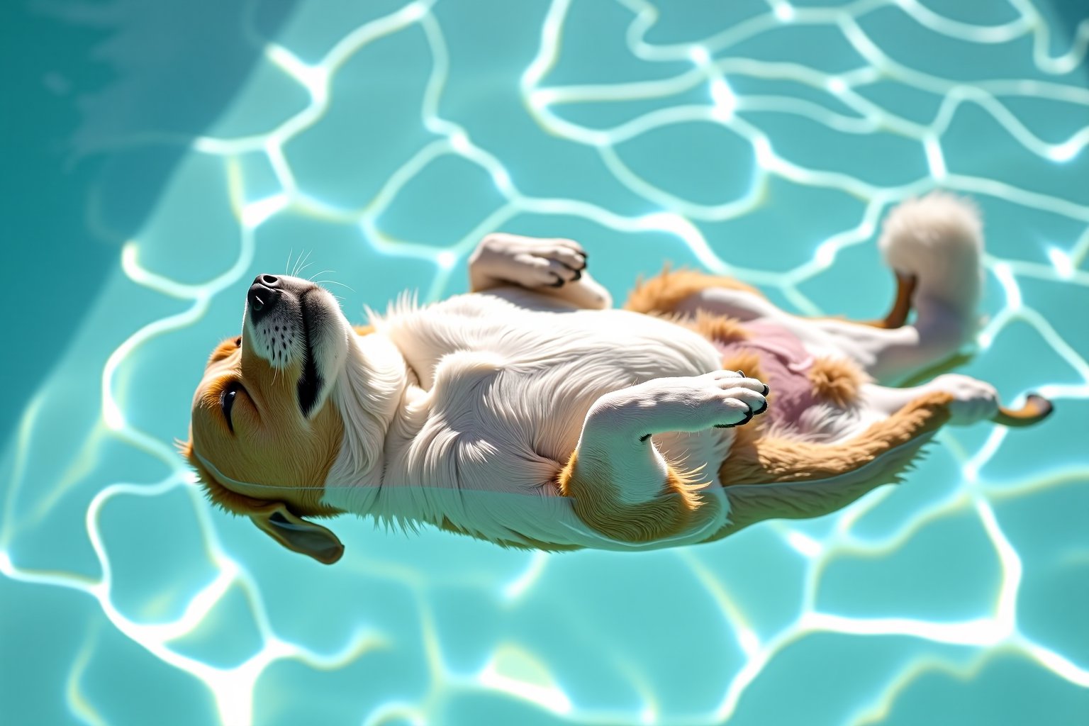 A serene scene of a dog peacefully floating on its back in a clear turquoise pool. The dog is half submerged in the water, belly up, with its paws gently resting above the water's surface.  The sunlight to creates a shimmering patterns on the dog's fur and on the pool. The colors of the scene are soft and calming, with hues of light white and turquoise blending smoothly in the background. 