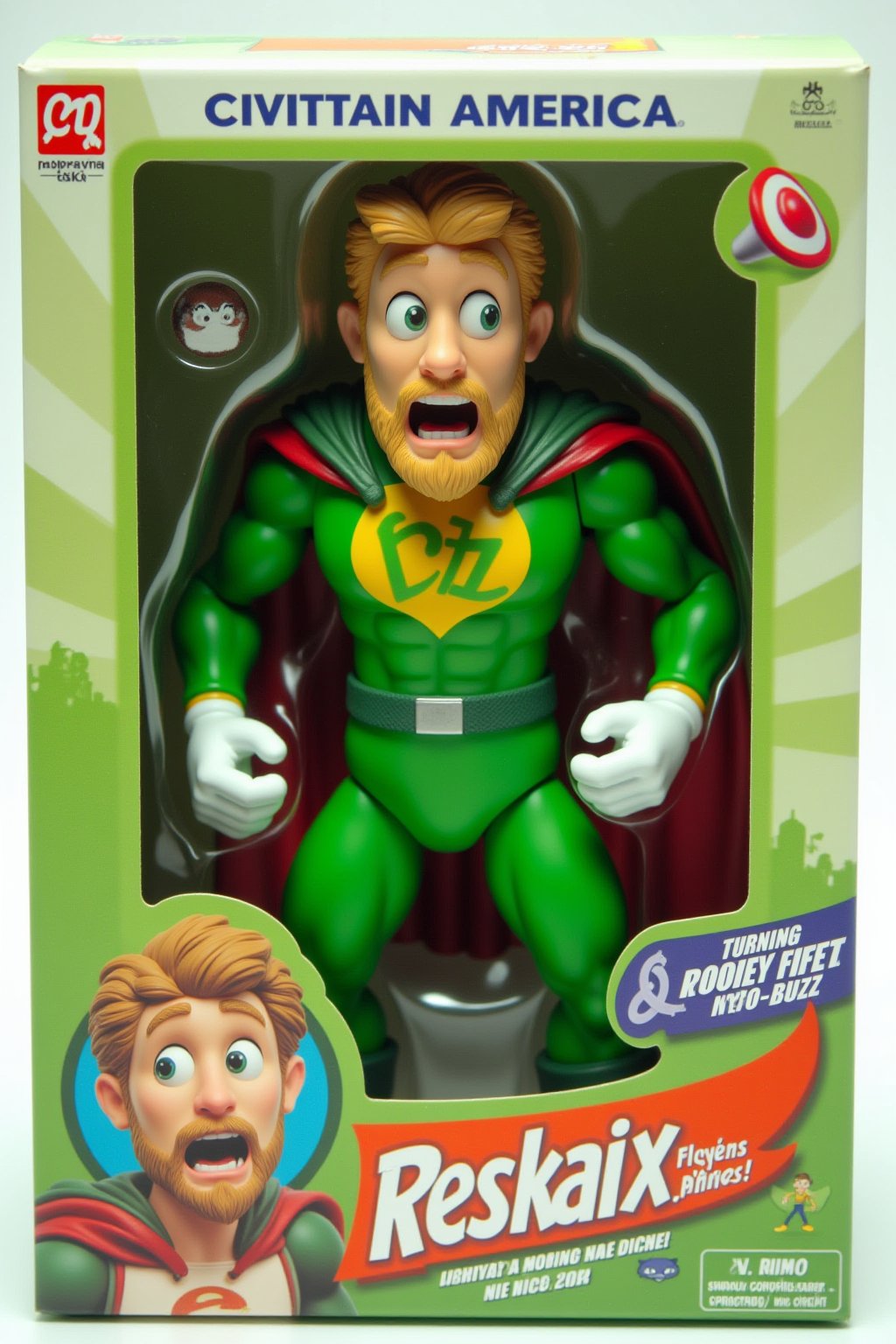 This is a photograph of a toy packaging featuring a character named "Civitain America". The figure is depicted in a bright green superhero costume with a yellow buzz emblem on its chest, white gloves, and a matching green cape with red trim. The figure has blonde hair, a beard, has a stylized, exaggerated facial expression with large eyes, and a surprised look. The packaging box is predominantly green with a white border and features a humorous design. Extra text: "Turning money into Buzz!"