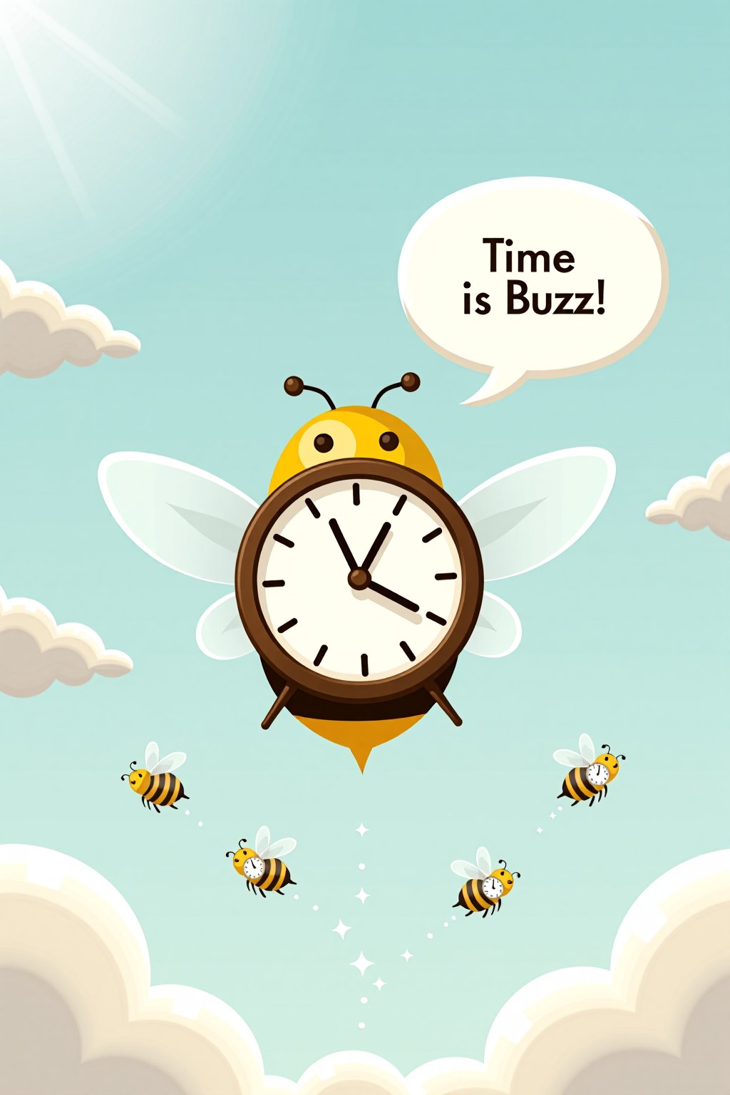 An illustration for "Time is Buzz" could show a whimsical clock with wings buzzing through the air like a bee. The clock face has hour and minute hands made to resemble a stinger and antennae, respectively. Small, cartoon-like bees with tiny clocks on their backs flit around, each trailing faint sparkles. The background could be a gradient sky with faint clouds and soft rays of sunlight, giving a playful sense of time literally "buzzing" around. Speech Bubble that says "Time is Buzz!"