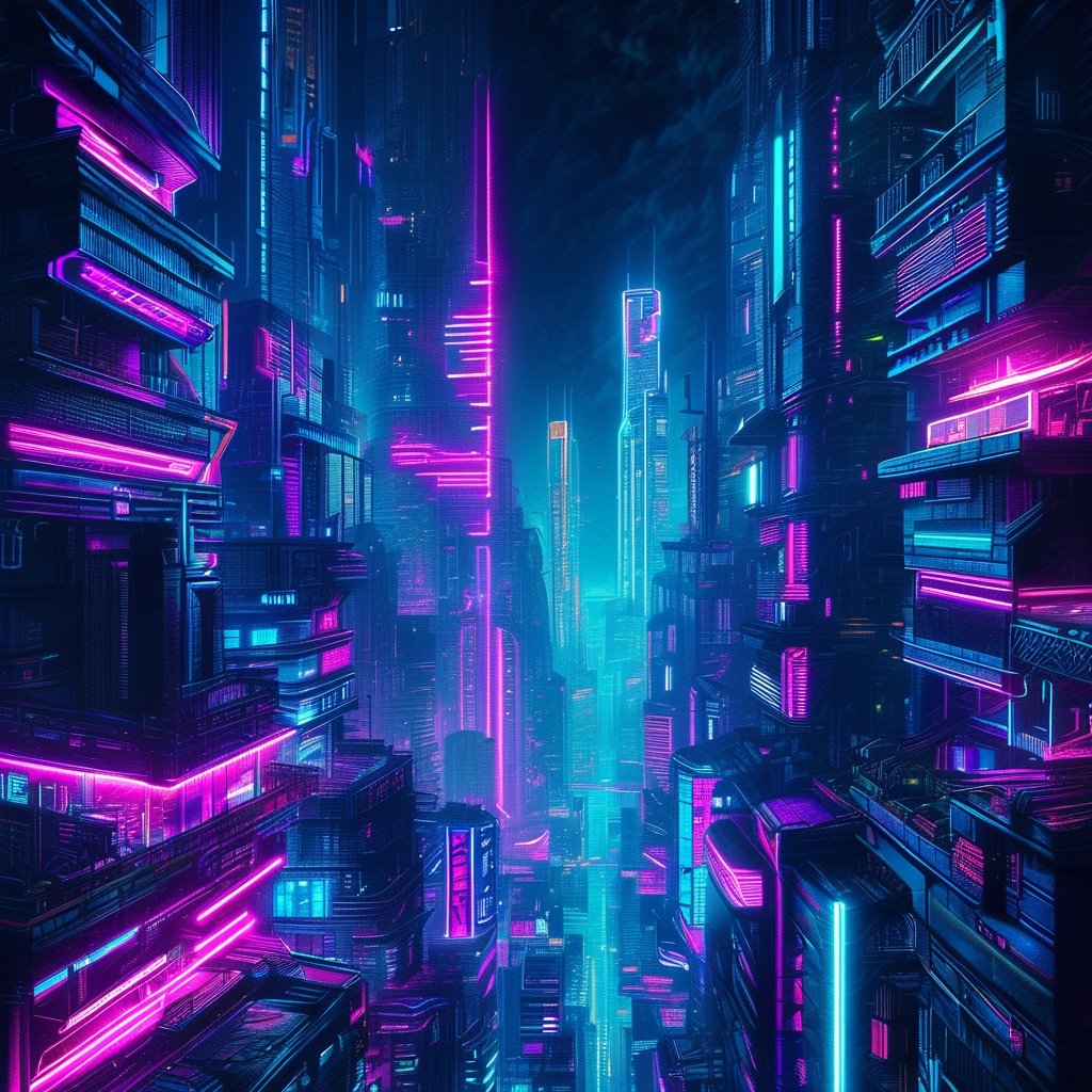 Futuristic cityscape, neon colors, artificial lighting, cyberpunk style, dense layout, towering skyscrapers, dark sky