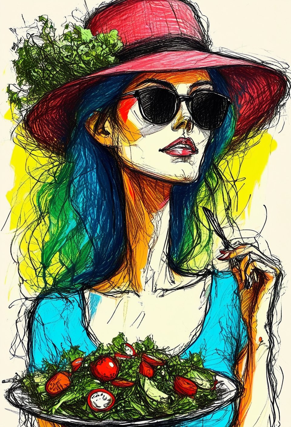 color mdsktch of a woman wearing a hat and sunglasses looking at salad