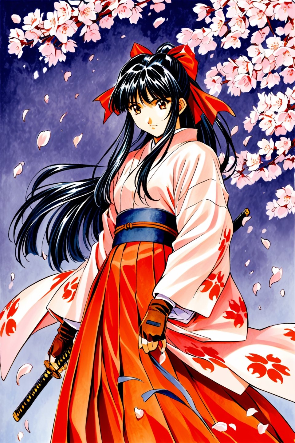 Shinguji Sakura, 1girl, weapon, solo, sword, japanese clothes, bow, black hair, red bow, long hair, brown eyes, gloves, petals, fingerless gloves, cherry blossoms, katana, hair bow, ponytail, kimono, hakama, hakama skirt, traditional media, 