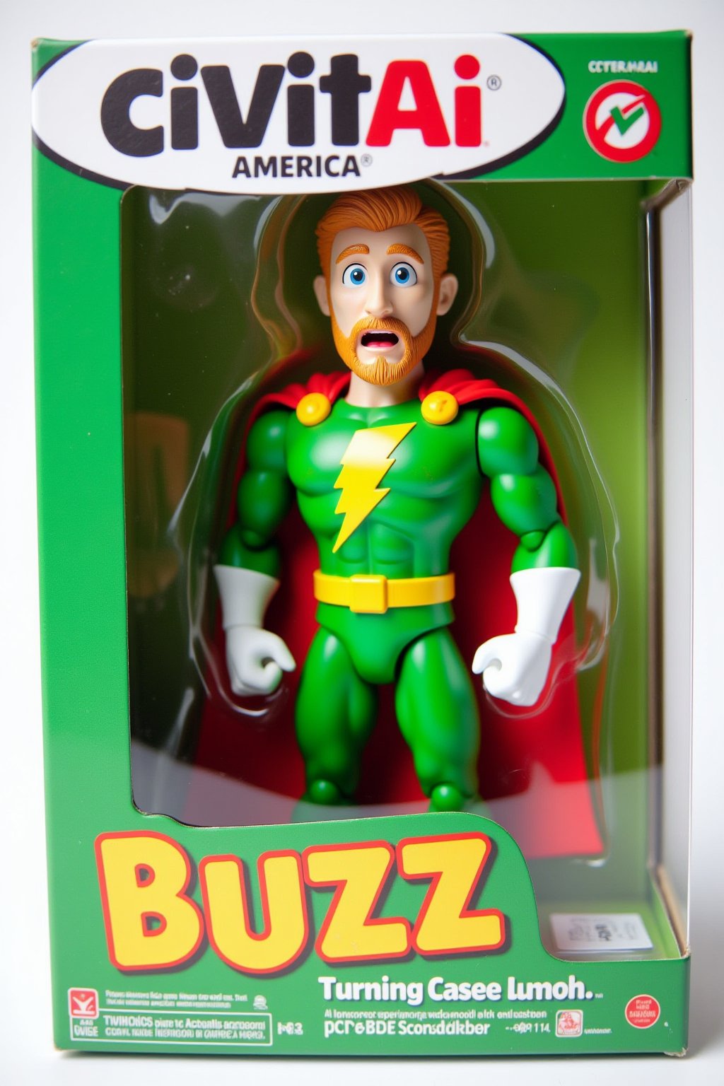 Photograph of a toy packaging featuring a character named "civitAI America". The figure is depicted in a bright green superhero costume with a yellow buzz lightning on its chest, white gloves, and a matching green cape with red trim. The figure has blonde hair, a beard, has a stylized, exaggerated facial expression with large eyes, and a surprised look. The packaging box is predominantly green with a white border and features a humorous design. Extra text: "Turning cash into Buzz!"