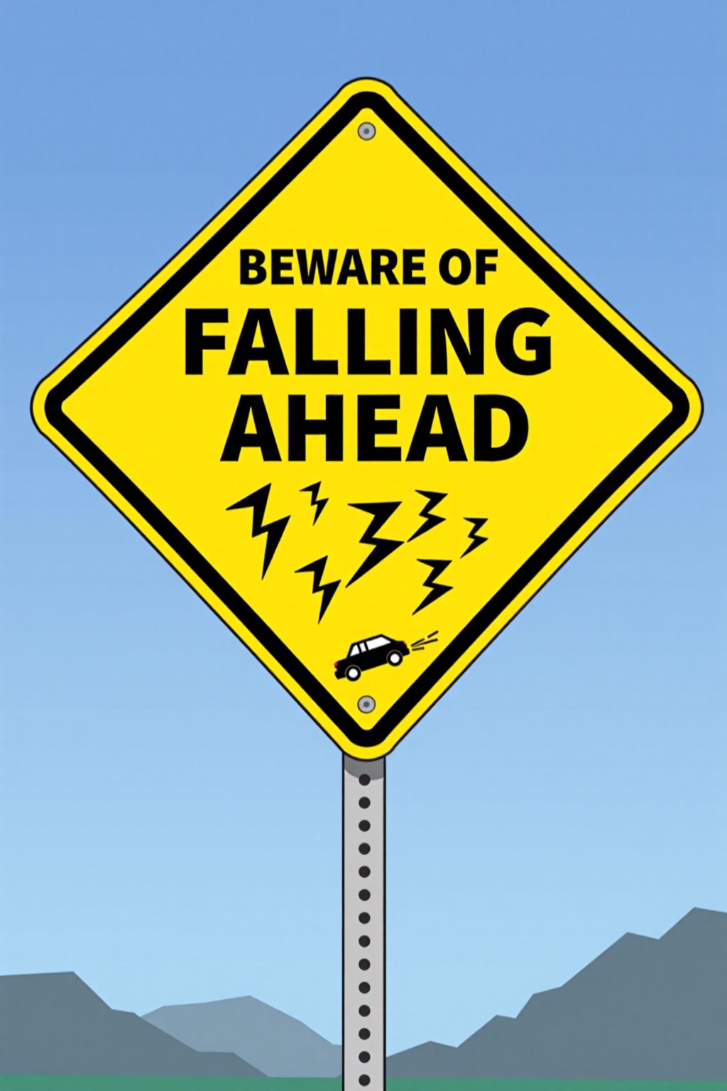 A bright yellow road sign shaped like a diamond with the bold text "Beware of Falling Buzz Ahead". Above the text, an illustration of large, cartoonish buzz symbols (lightning bolts with a "Z") are shown falling from the sky, comically crashing down. Below, a car swerves to avoid the falling "buzz" icons. The overall design blends caution with humor, giving the sign a playful, yet attention-grabbing look.