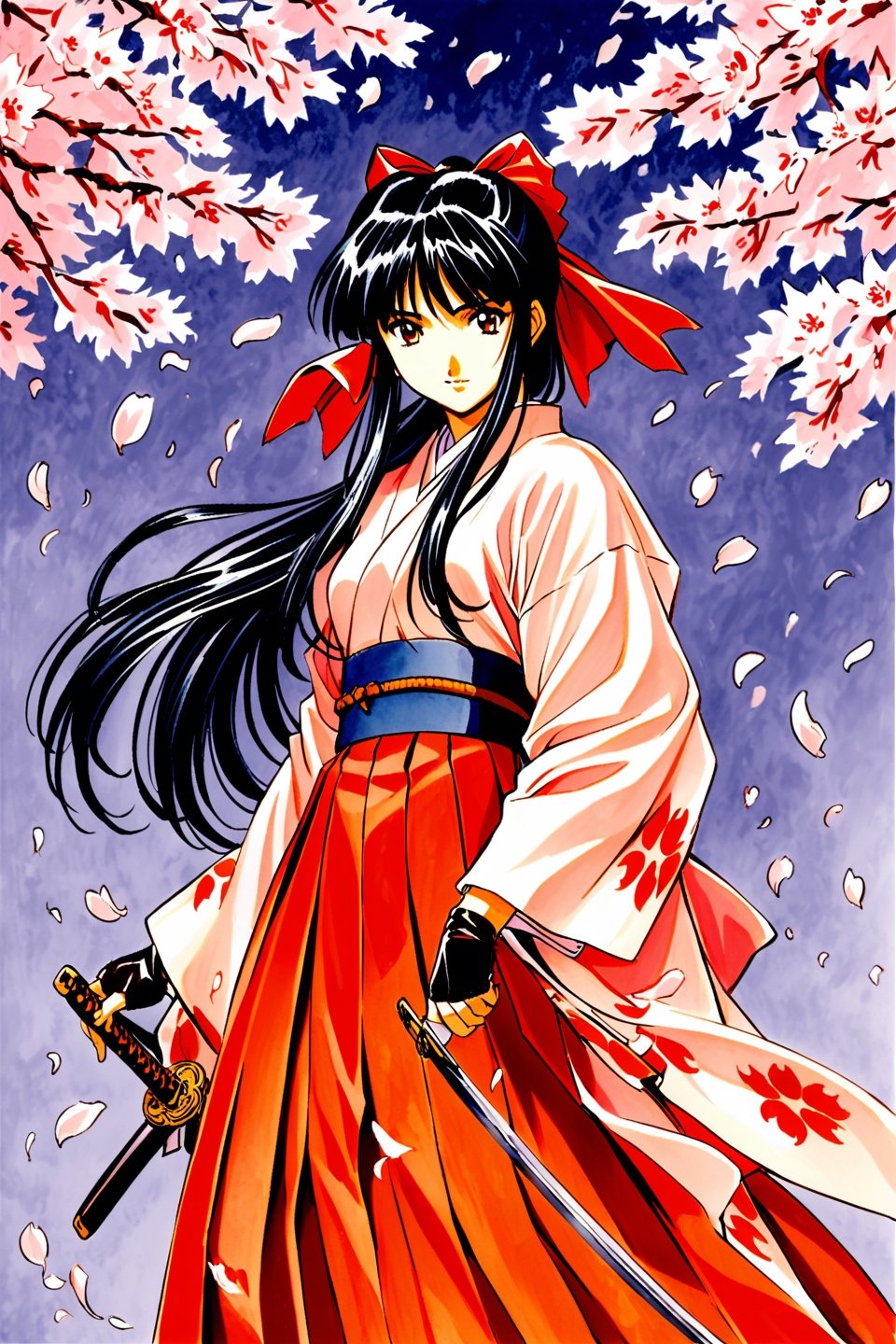 Shinguji Sakura, 1girl, weapon, solo, sword, japanese clothes, bow, black hair, red bow, long hair, brown eyes, gloves, petals, fingerless gloves, cherry blossoms, katana, hair bow, ponytail, kimono, hakama, hakama skirt, traditional media, 