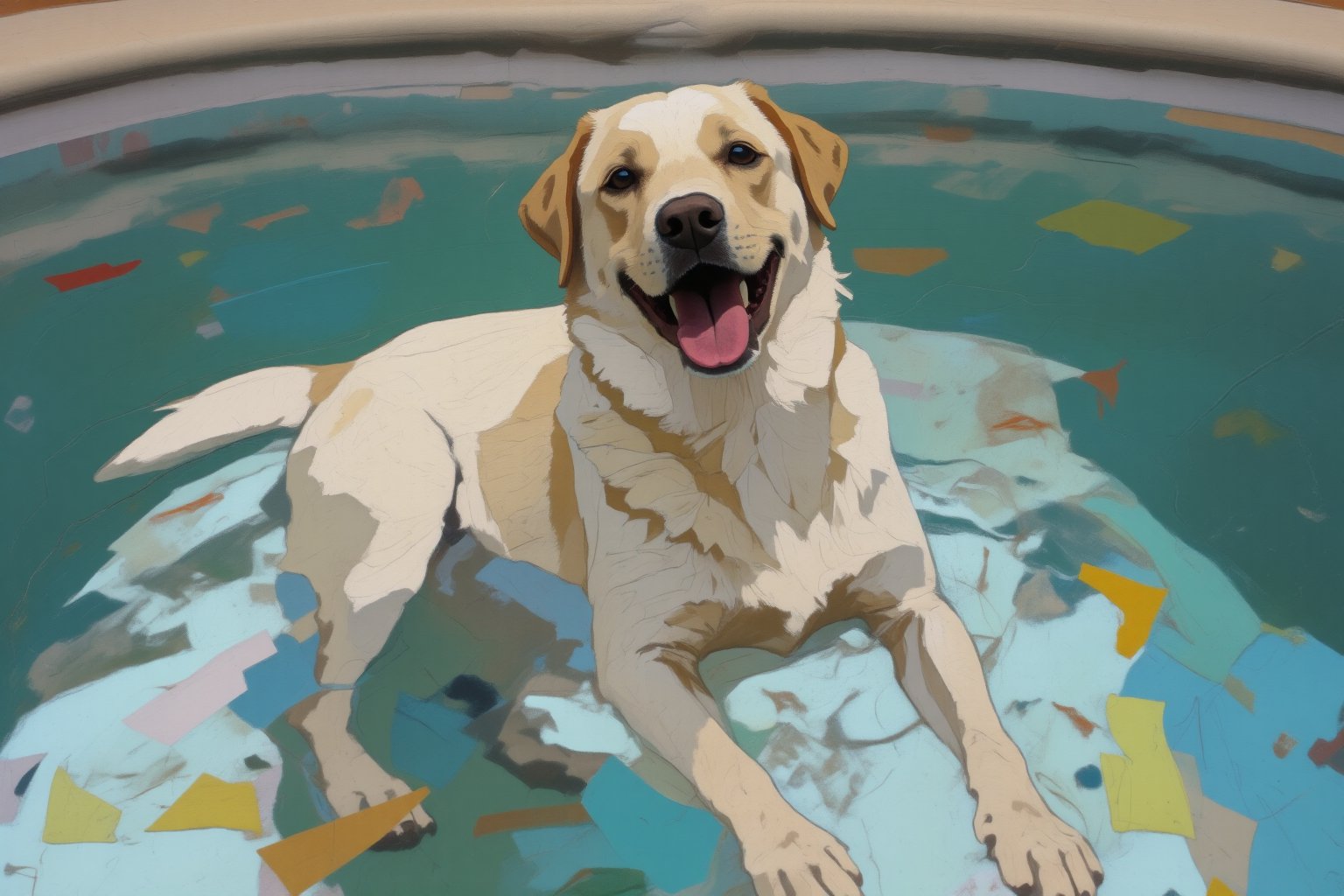 A dog floating in a body of water in the pool, Lean back,clear and transparent water, light white and turquoise,y2k aesthetic,soft and dreamy colors,brightly colored, popular Instagram, high level of detail,realistic photo feeling