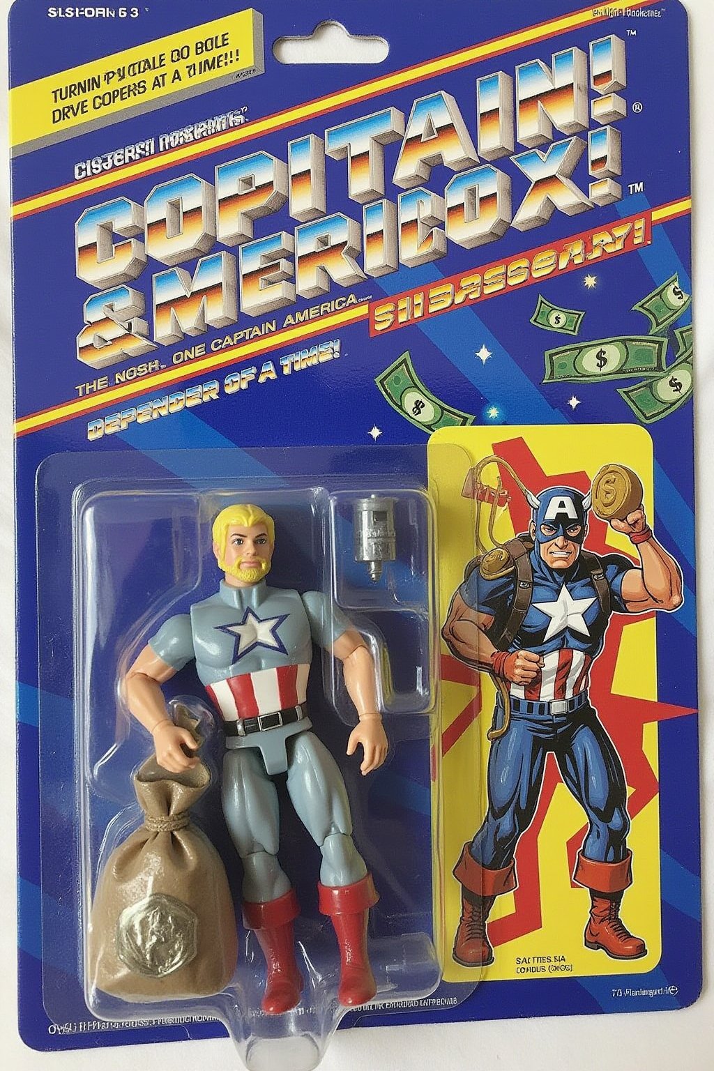 ral-afpacking. An unopened action figure package featuring "Civitain America," a parody of Captain America. The figure inside shows a blonde man with a beard, dressed in a parody of Captain America's costume, but with dollar signs and buzz symbols across his chest instead of the star. His shield is replaced by a coin, and he holds a money bag in one hand. The packaging features the tagline: "Turning money into buzz, one dollar at a time." Bold text on the side of the box reads, "Civitain America: Defender of Buzzconomy!" The background inside the blister pack showcases flying dollar bills and sparkling buzz icons.