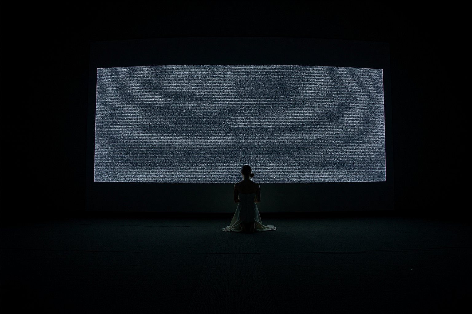 A dramatic photograph of a woman kneeling in prayer before a massive, wall-sized TV screen displaying static noise. The woman is positioned in the center of the frame, her hands clasped in front of her, head bowed in deep reverence. She is wearing a simple, long flowing dress, with her hair loosely tied back. The room around her is dark and minimalistic, illuminated only by the flickering light from the static on the TV screen, casting sharp shadows. The scene has a somber, contemplative mood, emphasizing a sense of devotion amidst technology. Cinematic lighting, high contrast, wide-angle shot, surreal atmosphere, dystopian vibe.

The room around her is stark and minimalist, with the gigantic TV as the focal point. The screen itself is a monolithic presence, slightly curved, and its glossy frame gleams faintly in the low ambient light. The static, constantly moving, seems alive, with random flashes and bands of light darting across the screen, filling the atmosphere with a sense of both unease and wonder.

The visual style blends realism with an unsettling, surreal tone, evoking themes of dystopian futurism. The lighting is harsh yet intimate, with sharp contrasts between the illuminated woman and the darkened surroundings. The static creates a grainy, almost tactile texture against the smooth surface of the TV, while the woman's posture exudes a sense of quiet devotion, creating a powerful juxtaposition between the spiritual and the technological. The overall composition is cinematic, like a still frame from a futuristic, introspective narrative, where technology looms as a vast, enigmatic presence.
