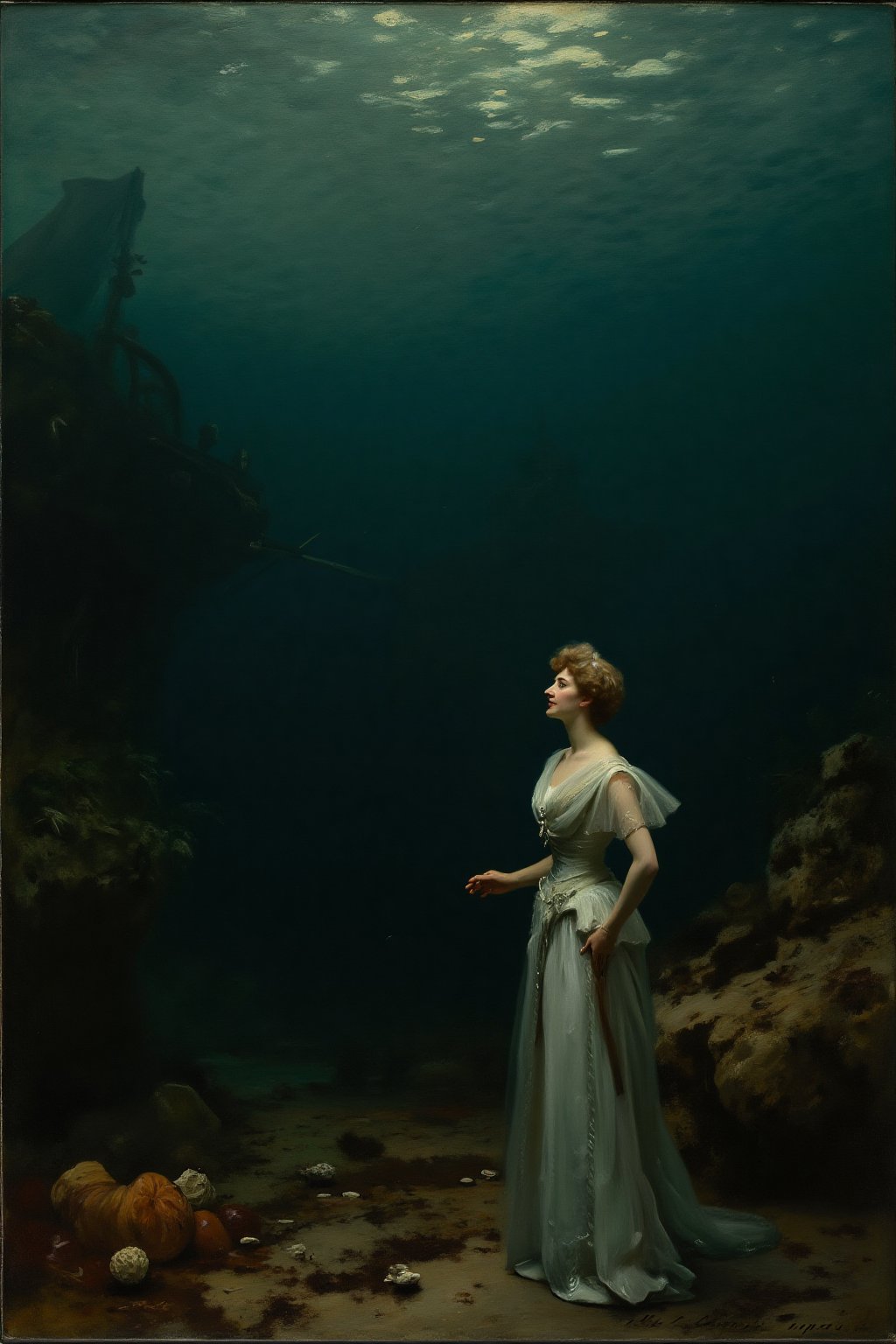 sargent_x,oil painting,1800, Victorian Style. a mermaid underwater, looking at a sunken ship with treasures.