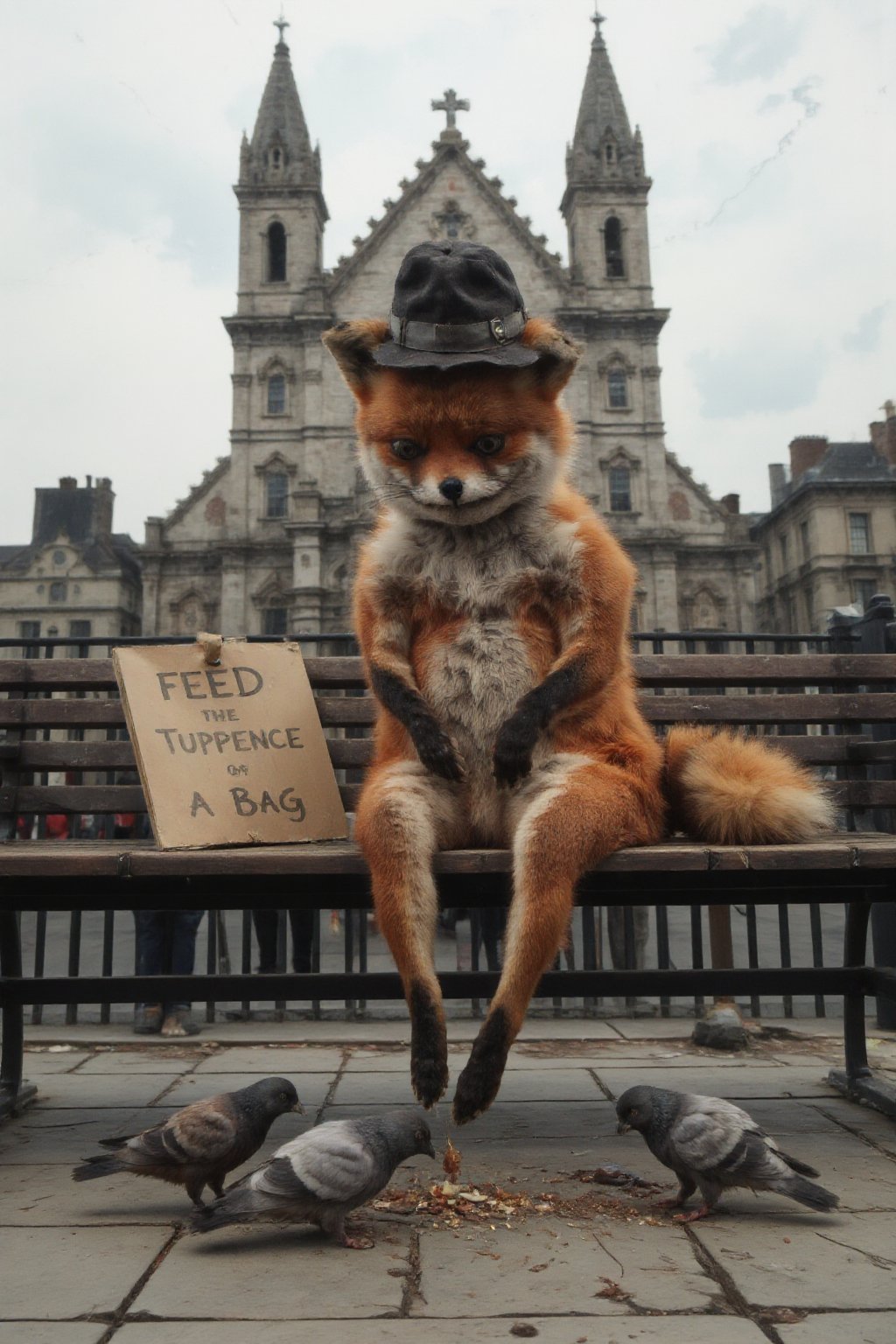 A staring fox sitting head down on a bench feeding pigeons. Background is a church. the fox is wearing an old woman's hat.  A cardboard sign beside him that say "Feed the Buzz (Tuppence a Bag)". Pigeons are eating on the floor. 