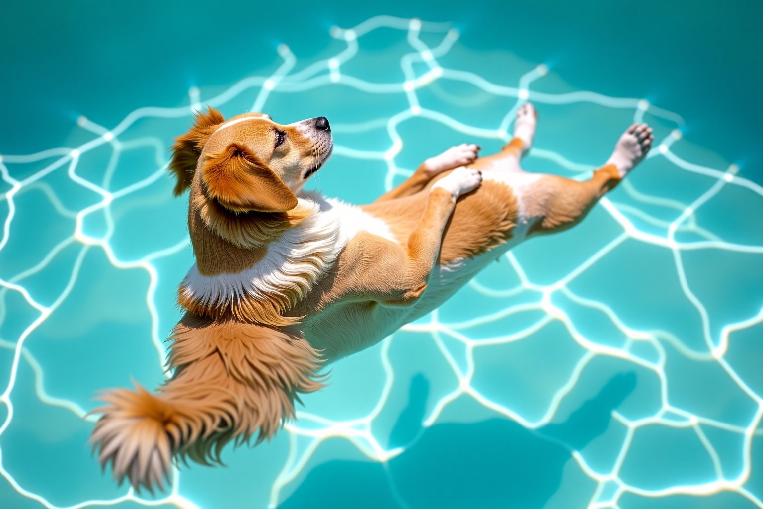 A dog floating in a body of water in the pool, Lean back,clear and transparent water, light white and turquoise,y2k aesthetic,soft and dreamy colors,brightly colored, popular Instagram, high level of detail,realistic photo feeling