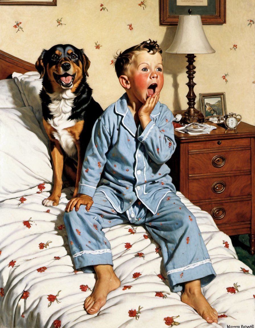 Painting of a small boy in Pyjamas howling along with his dog, howling art by Norman Rockwell