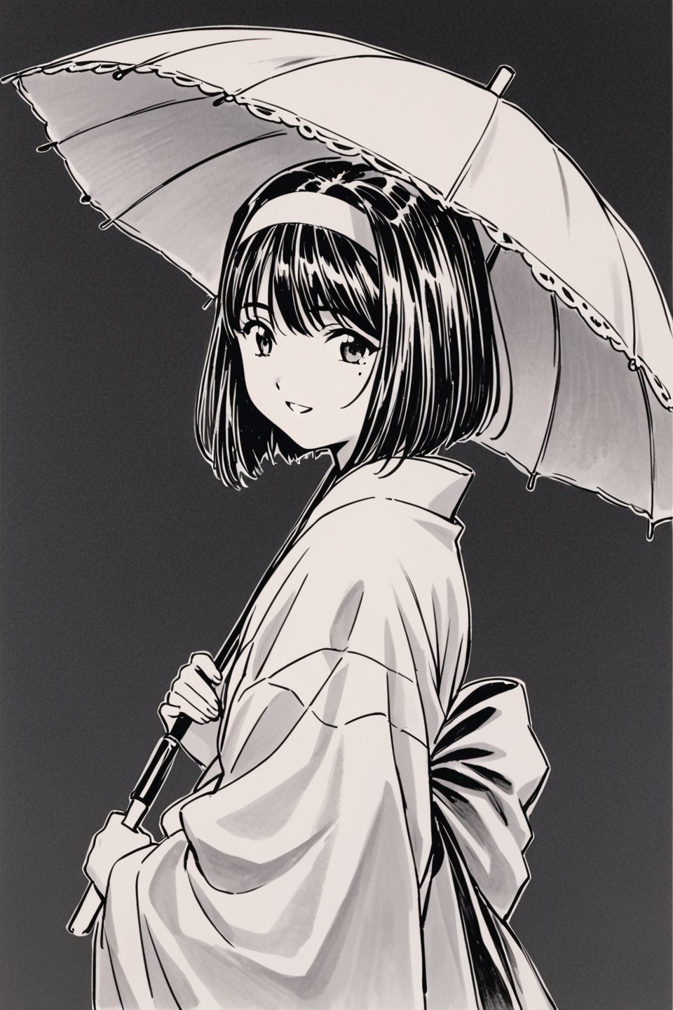 Kanzaki Sumire, 1girl, solo, monochrome, umbrella, hairband, holding, japanese clothes, looking at viewer, holding umbrella, traditional media, kimono, greyscale, wide sleeves, upper body, bangs, smile, short hair, simple background, sash, long sleeves, parted lips, from side, bow, mole under eye, parasol, looking to the side, obi