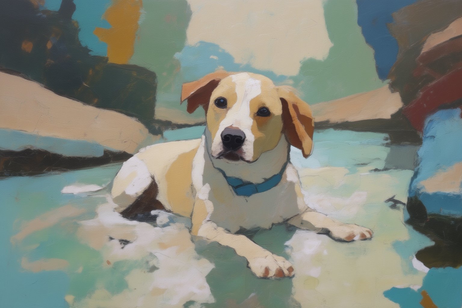 Abstract painting. A dog floating in a body of water in the pool, Lean back,clear and transparent water, light white and turquoise,y2k aesthetic,soft and dreamy colors,brightly colored, popular Instagram, high level of detail,realistic photo feeling,