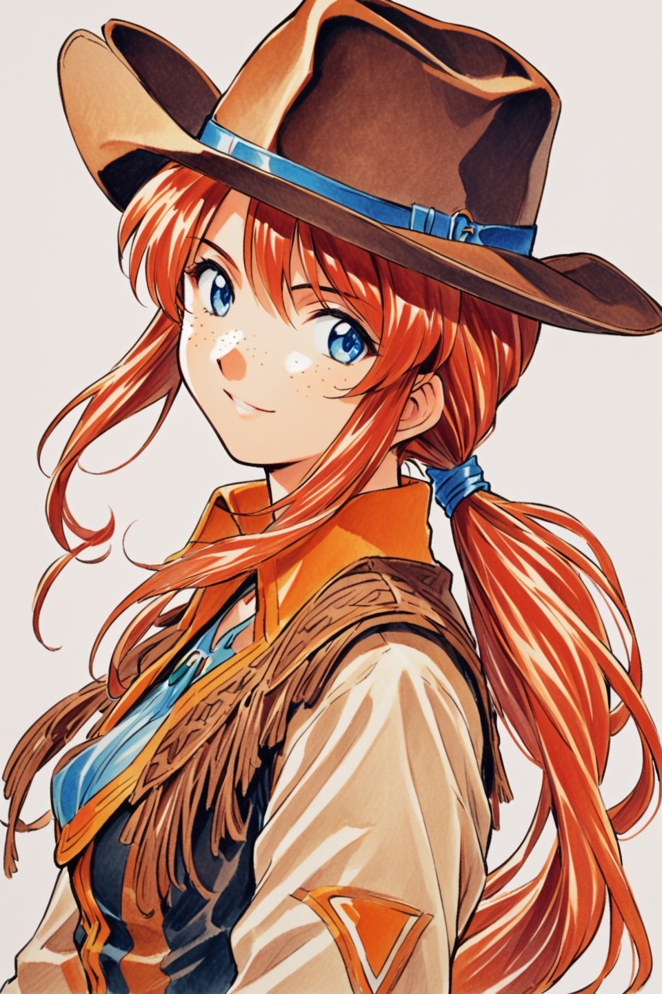 Gemini Sunrise, freckles, 1girl, solo, hat, cowboy hat, blue eyes, long hair, smile, upper body, white background, traditional media, ponytail, cowboy western, simple background, looking at viewer, orange hair, jewelry, red hair