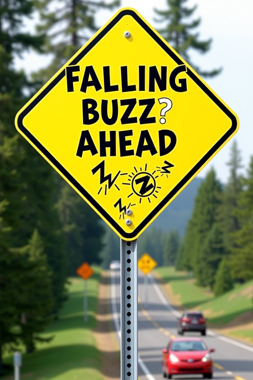 A bright yellow road sign shaped like a diamond with the bold text "Falling Buzz Ahead". Above the text, an illustration of large, cartoonish buzz symbols (lightning bolts with a "Z") are shown falling from the sky, comically crashing down. Below, a car swerves to avoid the falling "buzz" icons. The overall design blends caution with humor, giving the sign a playful, yet attention-grabbing look.